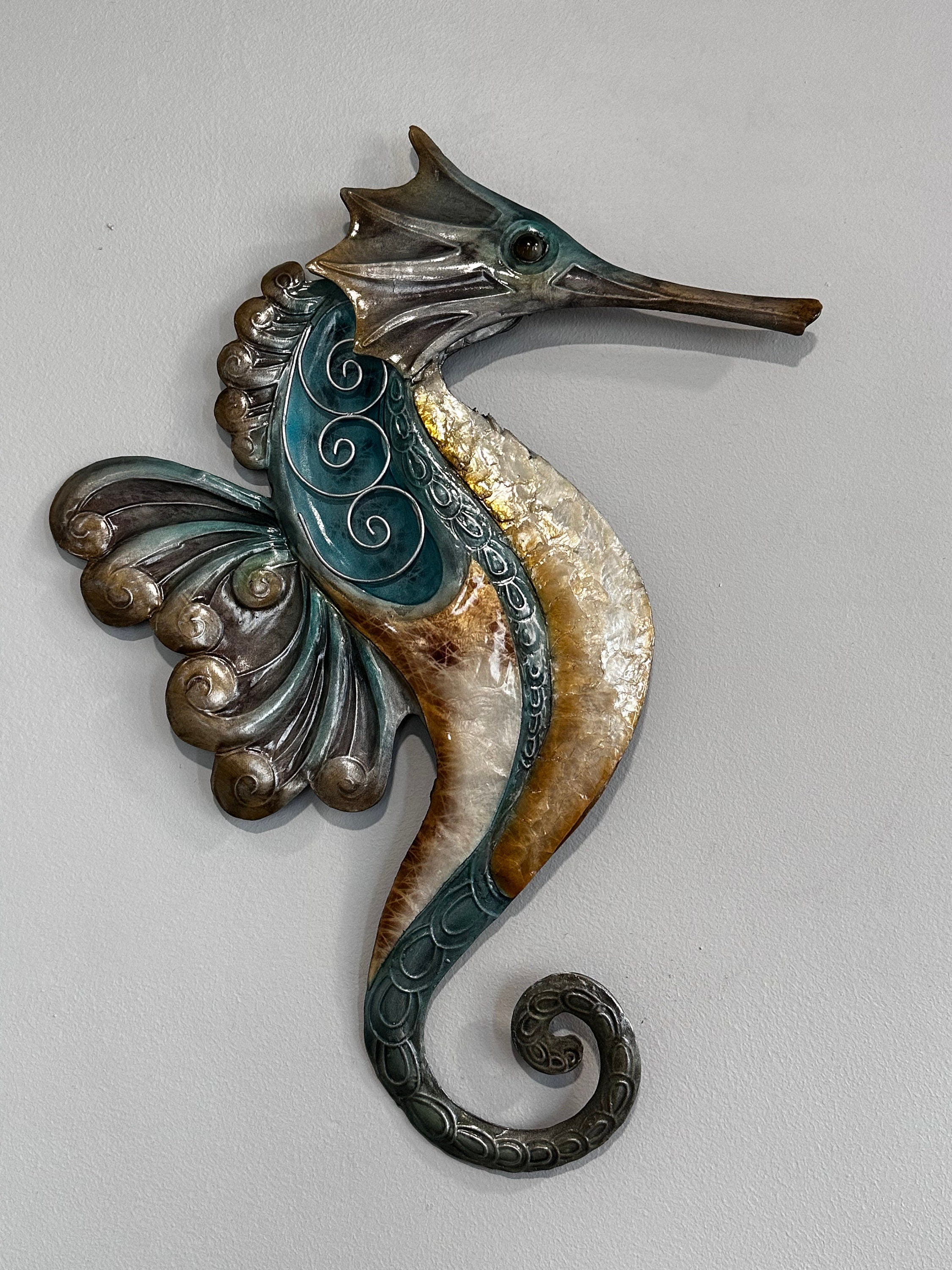 Seahorse Metal Wall Decor Tropical Beach Theme With A Coastal Charm Made Unique with Capiz Shells Beach House Ocean theme Marine Life Decor