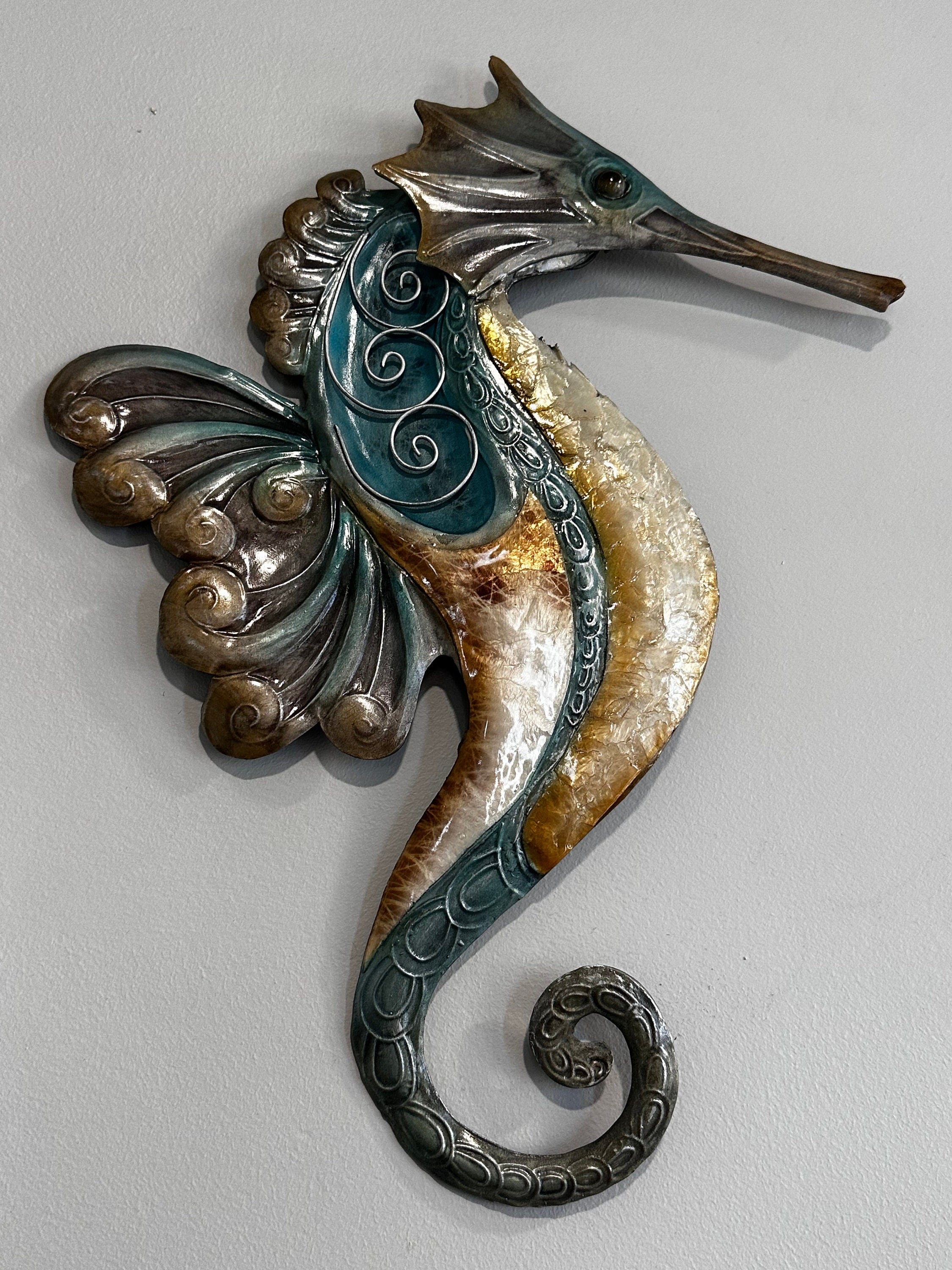 Seahorse Metal Wall Decor Tropical Beach Theme With A Coastal Charm Made Unique with Capiz Shells Beach House Ocean theme Marine Life Decor