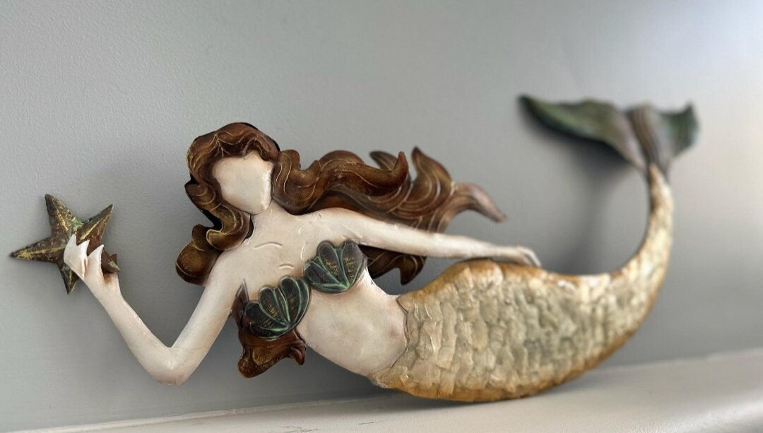 Mermaid Tropical Ocean And Beach Themed Metal Wall Art Made Unique With Capiz Shells Coastal Marine Sea Life Metal Art Nautical Home Decor