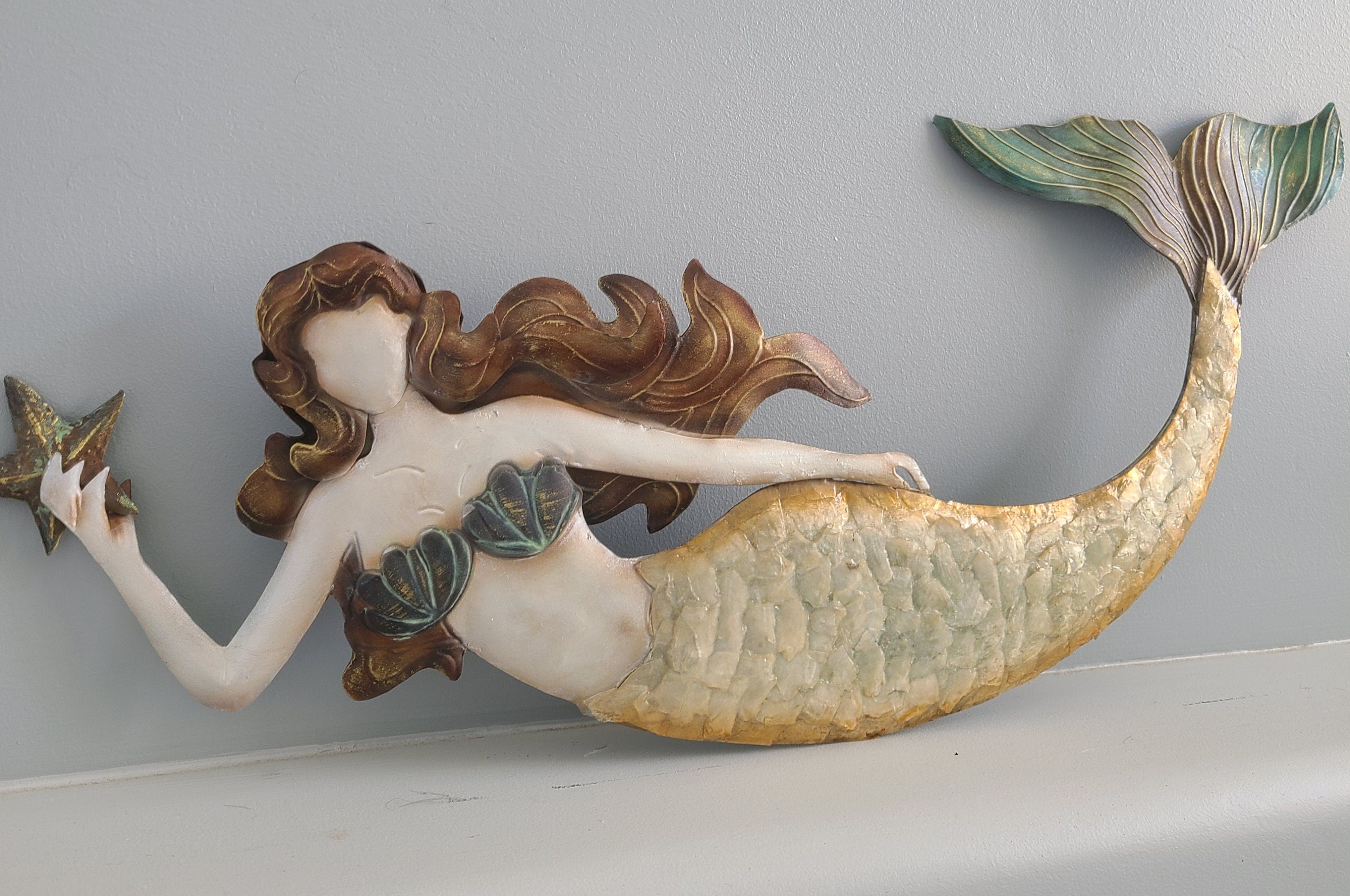 Mermaid Tropical Ocean And Beach Themed Metal Wall Art Made Unique With Capiz Shells Coastal Marine Sea Life Metal Art Nautical Home Decor