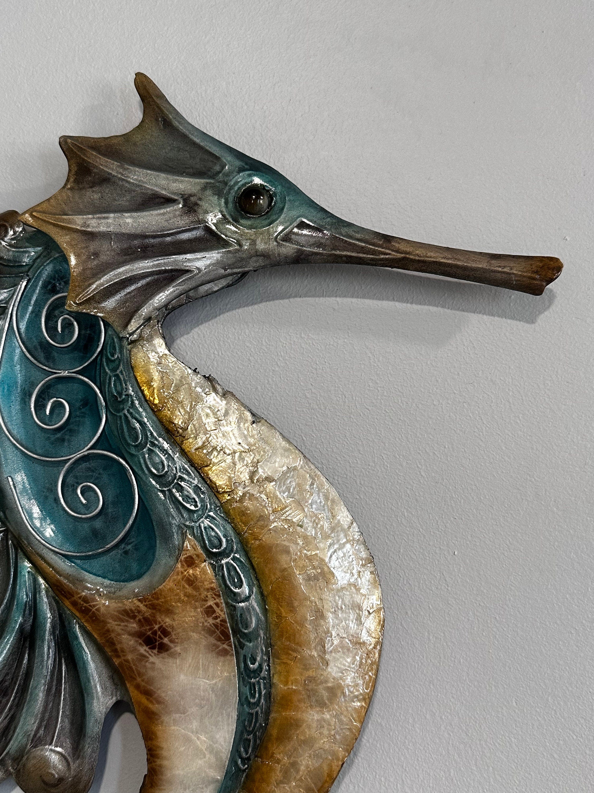 Seahorse Metal Wall Decor Tropical Beach Theme With A Coastal Charm Made Unique with Capiz Shells Beach House Ocean theme Marine Life Decor