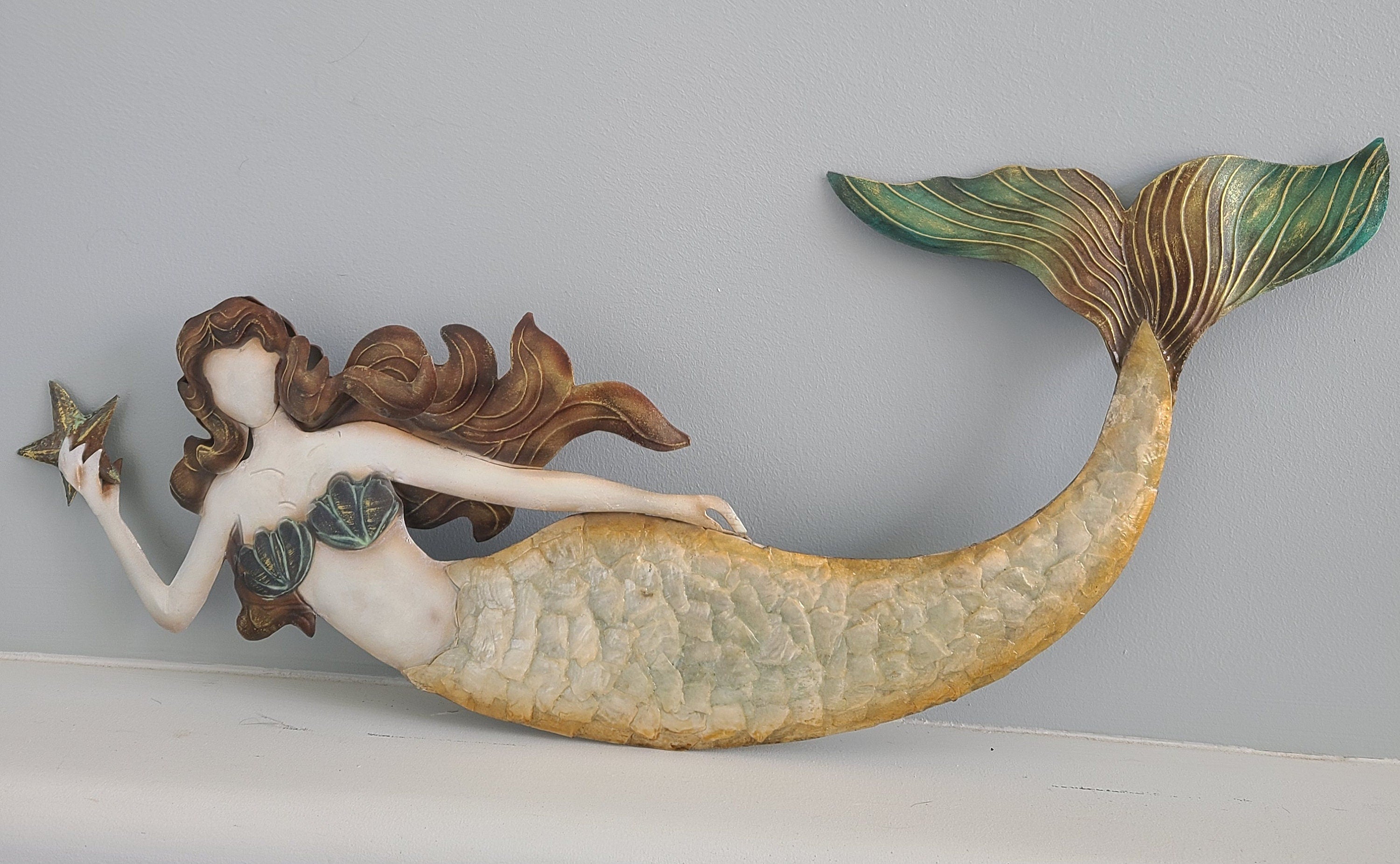 Mermaid Tropical Ocean And Beach Themed Metal Wall Art Made Unique With Capiz Shells Coastal Marine Sea Life Metal Art Nautical Home Decor