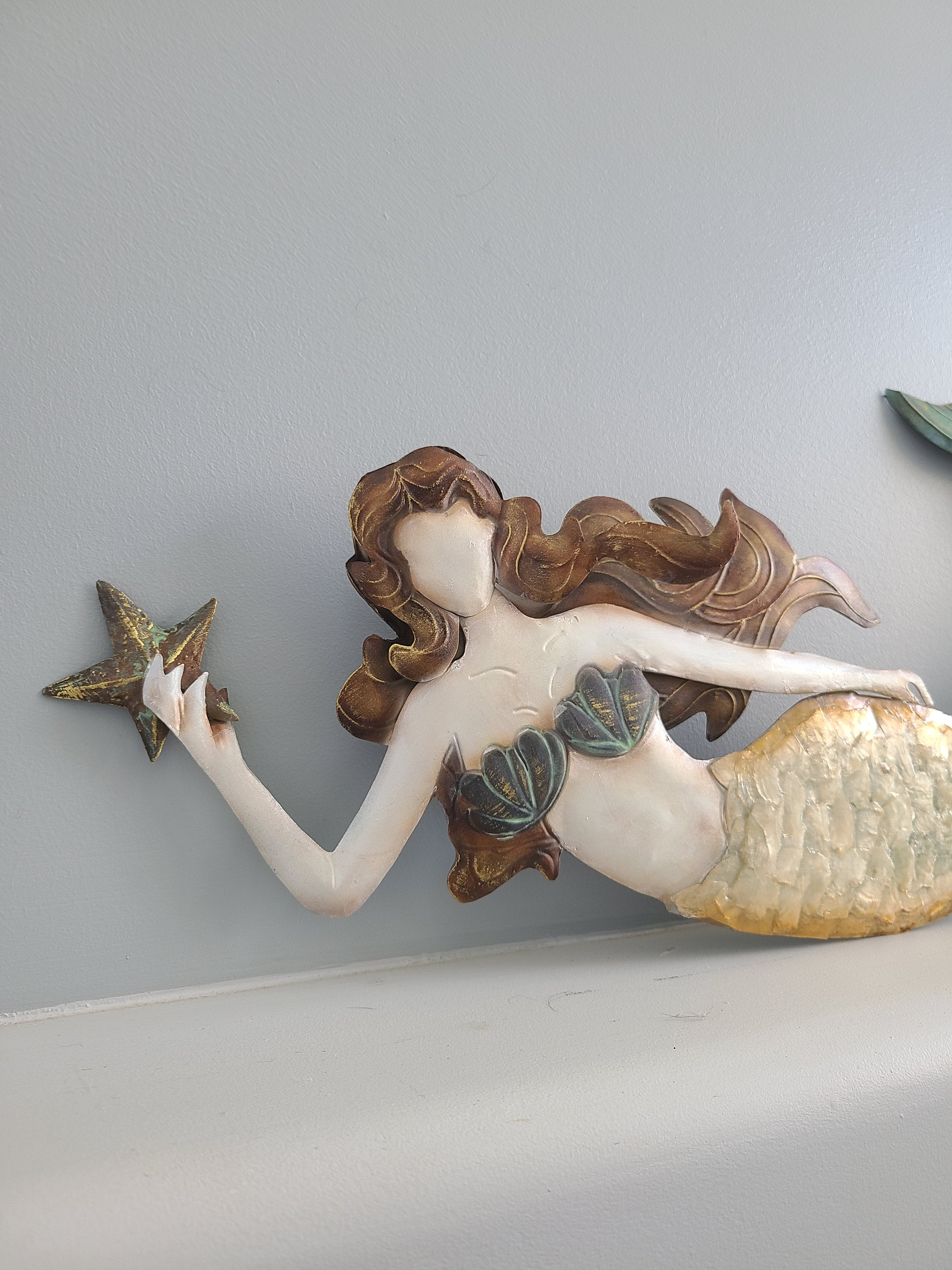 Mermaid Tropical Ocean And Beach Themed Metal Wall Art Made Unique With Capiz Shells Coastal Marine Sea Life Metal Art Nautical Home Decor