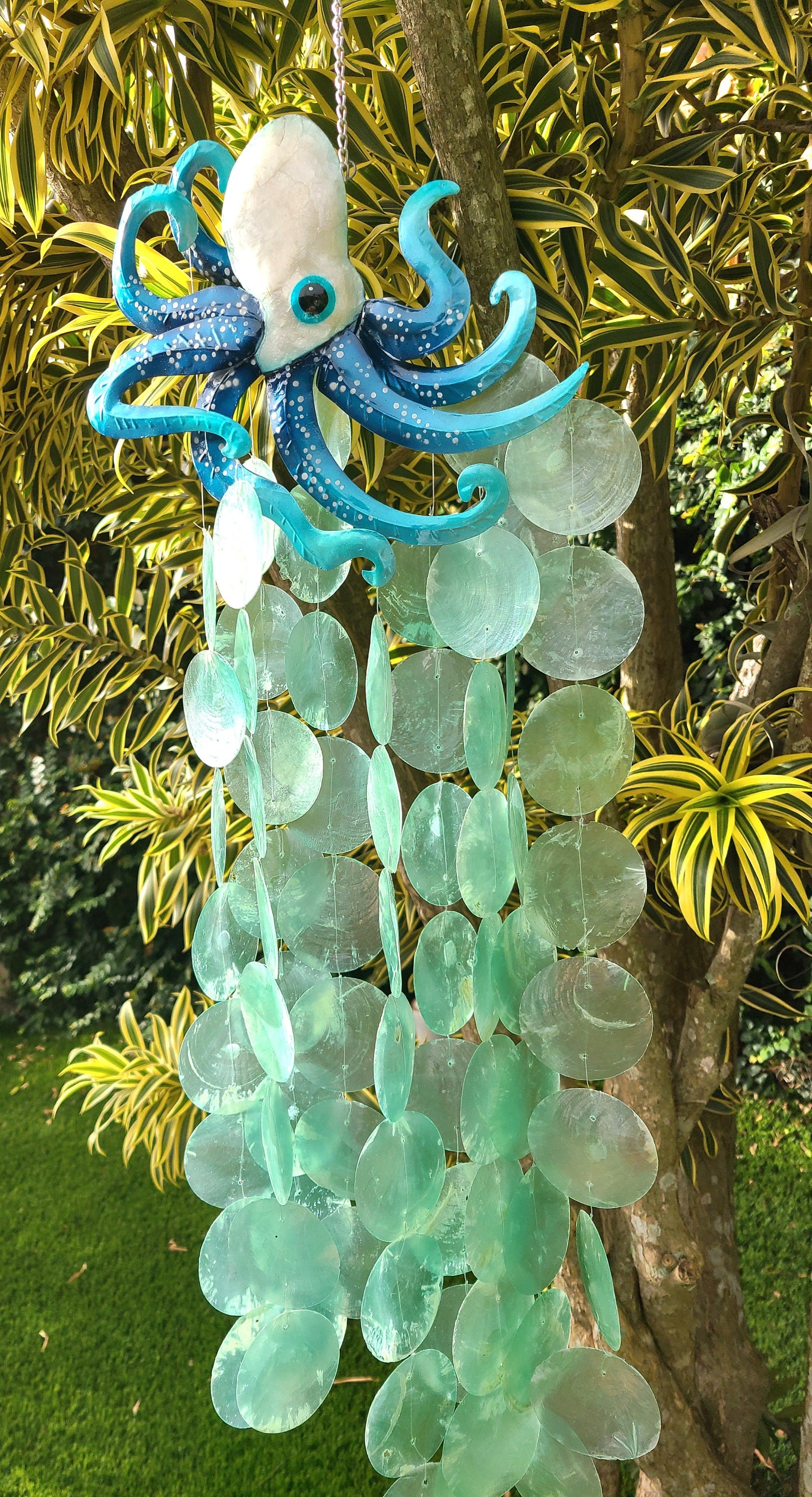 Octopus Wind Chime Made Unique With Capiz Shells Tropical Outdoor Patio Garden Yard Art Kraken Marine Life And Ocean Theme Beach House Decor