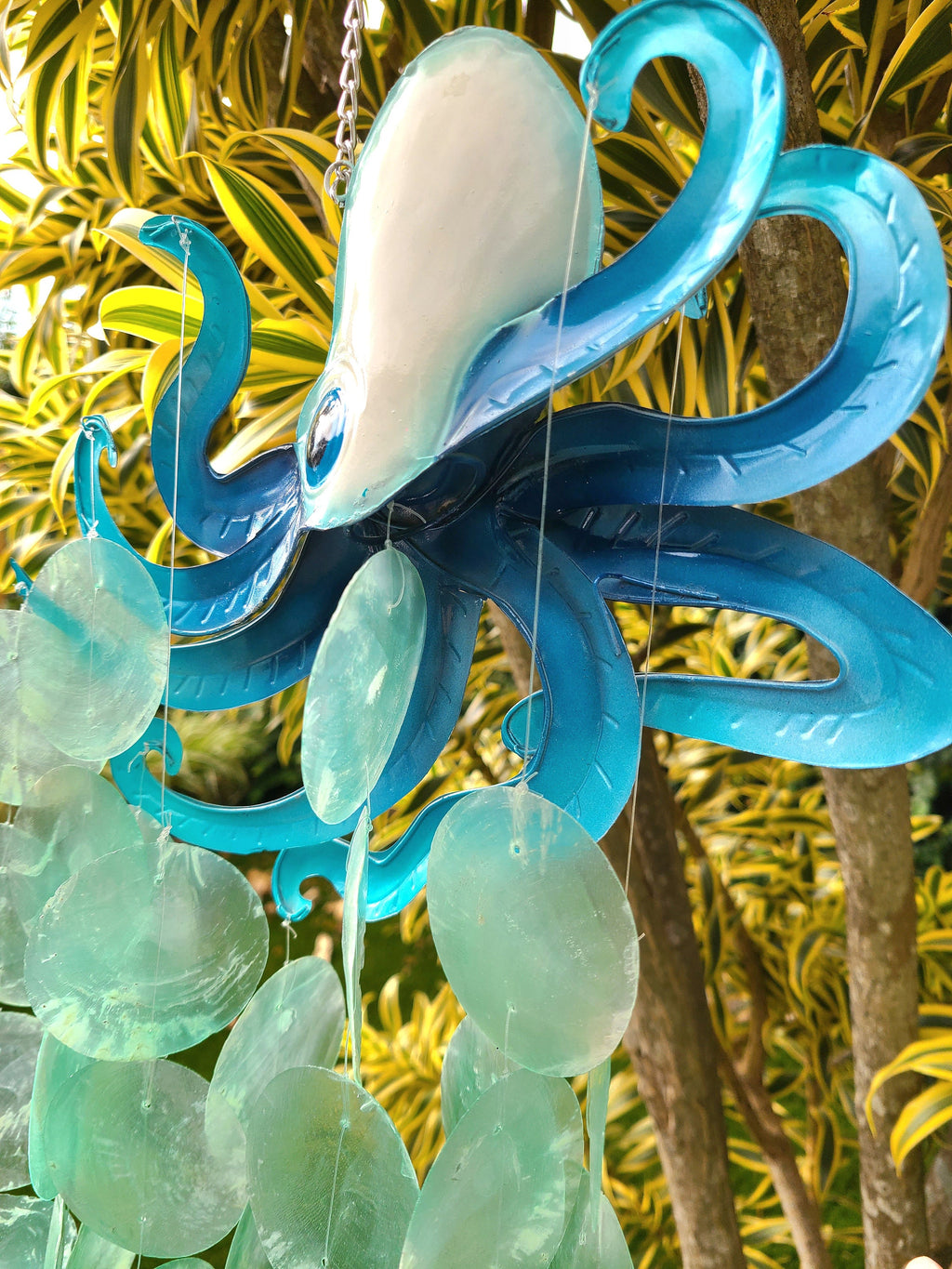 Octopus Wind Chime Made Unique With Capiz Shells Tropical Outdoor Patio Garden Yard Art Kraken Marine Life And Ocean Theme Beach House Decor