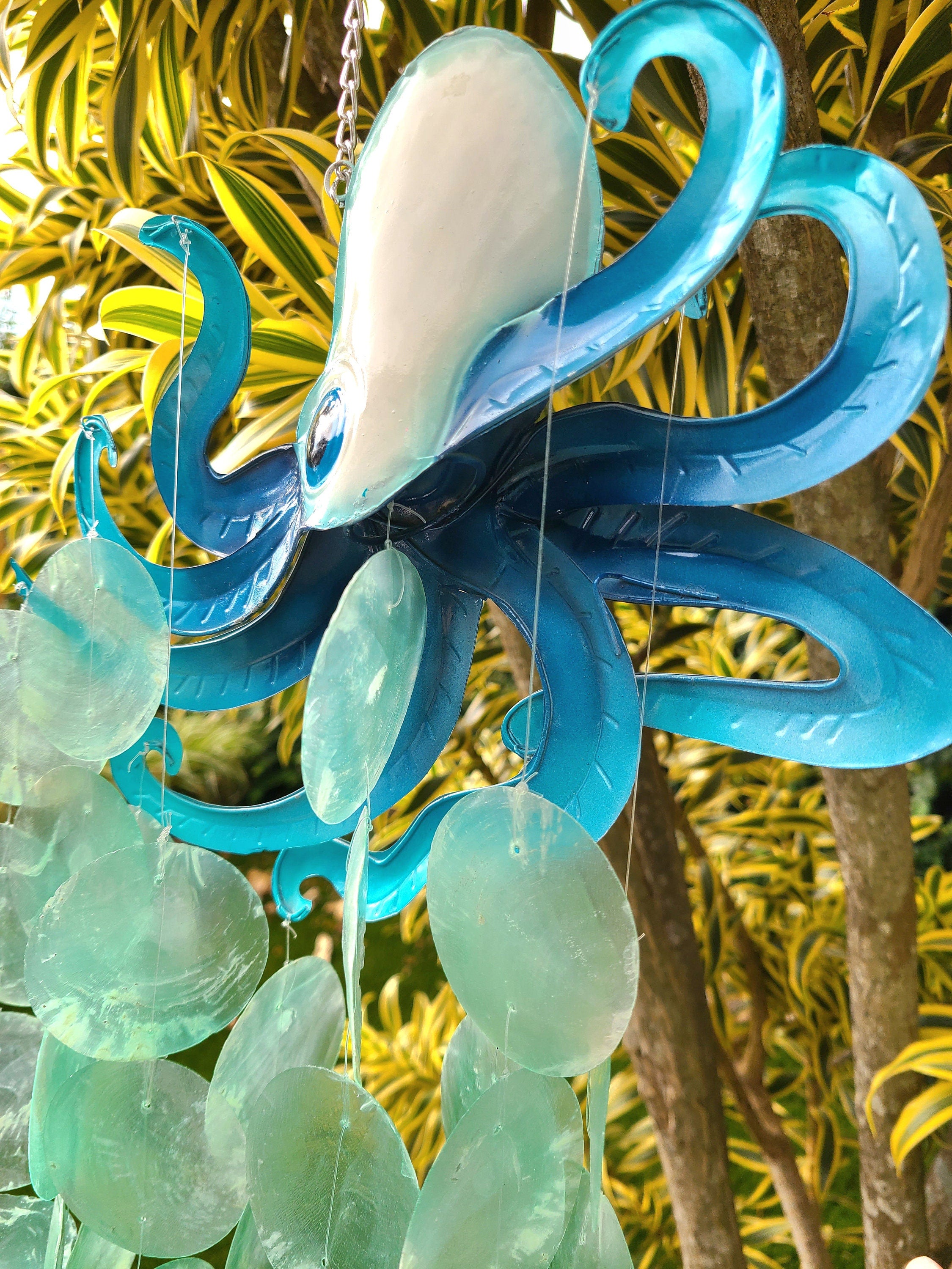 Octopus Wind Chime Made Unique With Capiz Shells Tropical Outdoor Patio Garden Yard Art Kraken Marine Life And Ocean Theme Beach House Decor