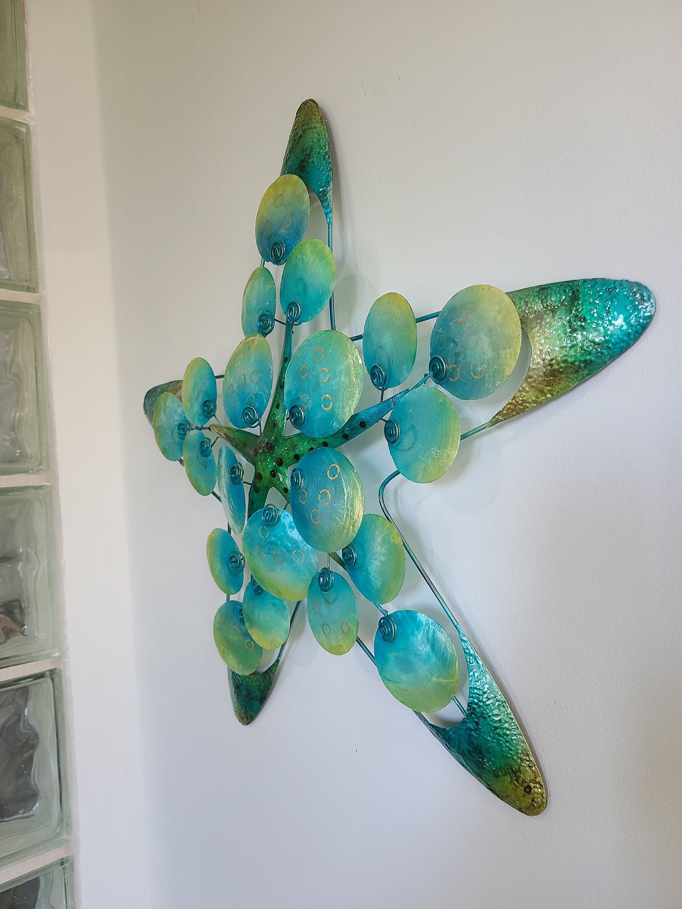 Starfish Metal Wall Art Made Unique With Capiz Shells Coastal Beach And Ocean Theme Sea Star Wall Tropical Under Water Beach House Decor