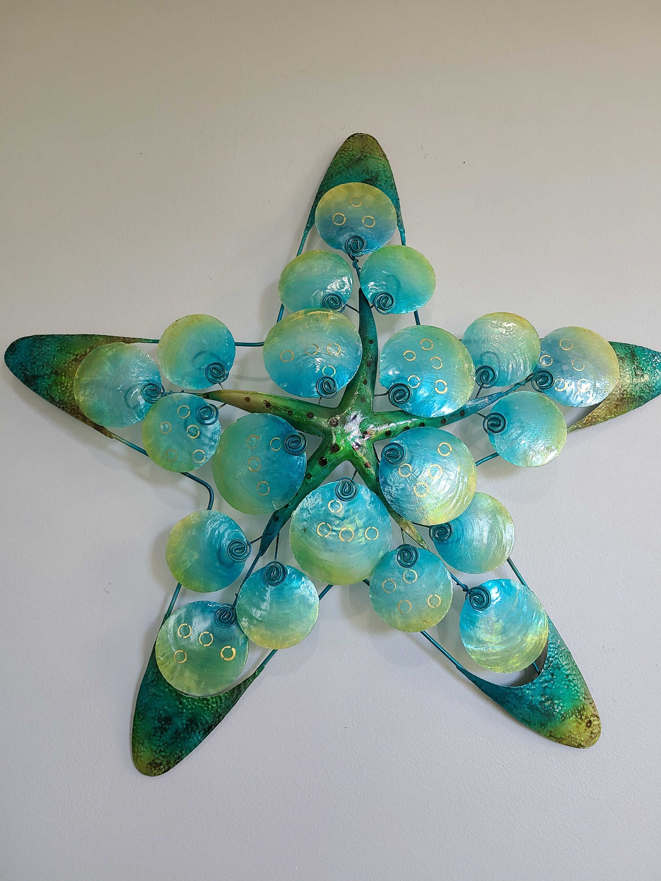 Starfish Metal Wall Art Made Unique With Capiz Shells Coastal Beach And Ocean Theme Sea Star Wall Tropical Under Water Beach House Decor