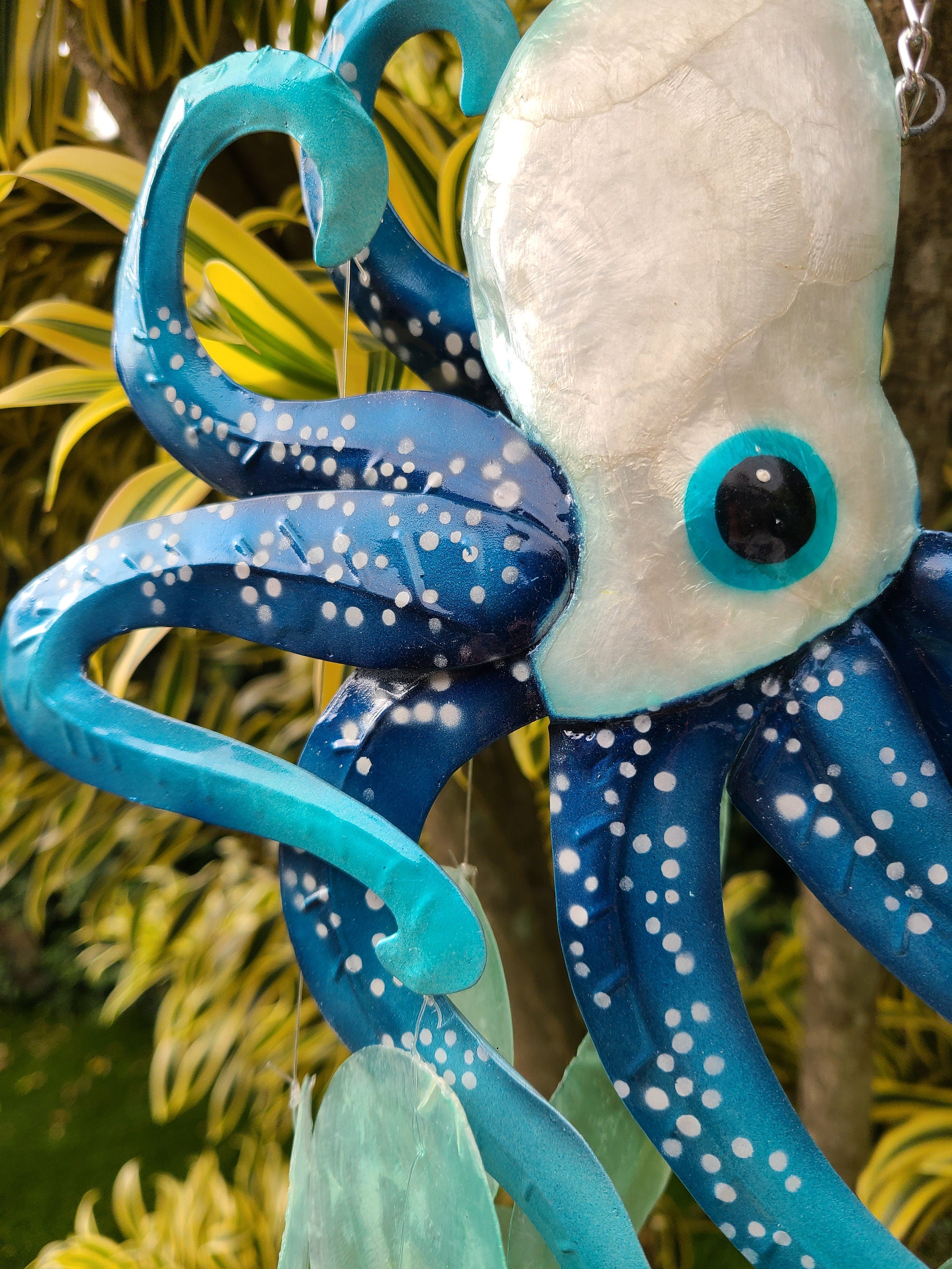 Octopus Wind Chime Made Unique With Capiz Shells Tropical Outdoor Patio Garden Yard Art Kraken Marine Life And Ocean Theme Beach House Decor