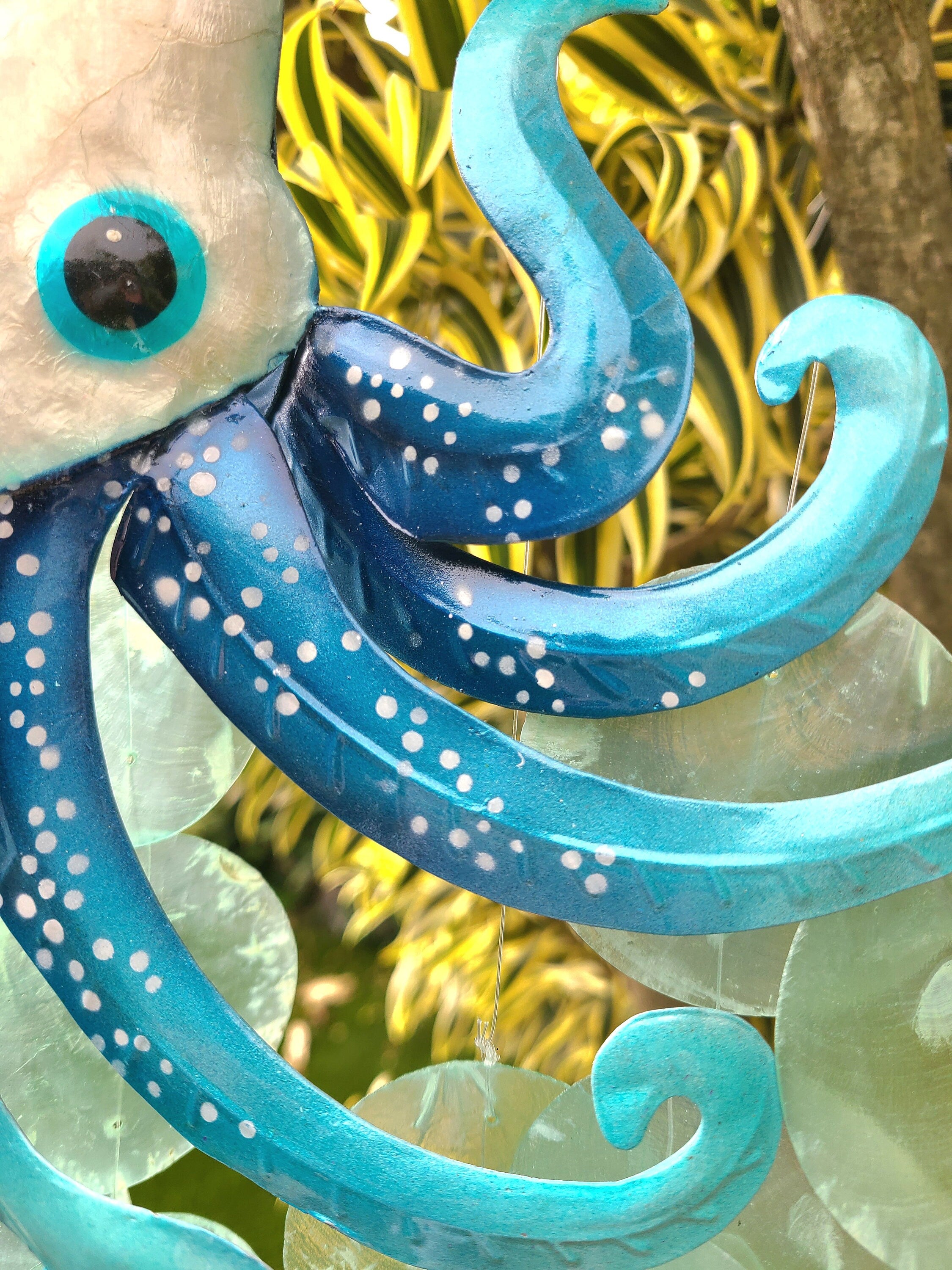 Octopus Wind Chime Made Unique With Capiz Shells Tropical Outdoor Patio Garden Yard Art Kraken Marine Life And Ocean Theme Beach House Decor