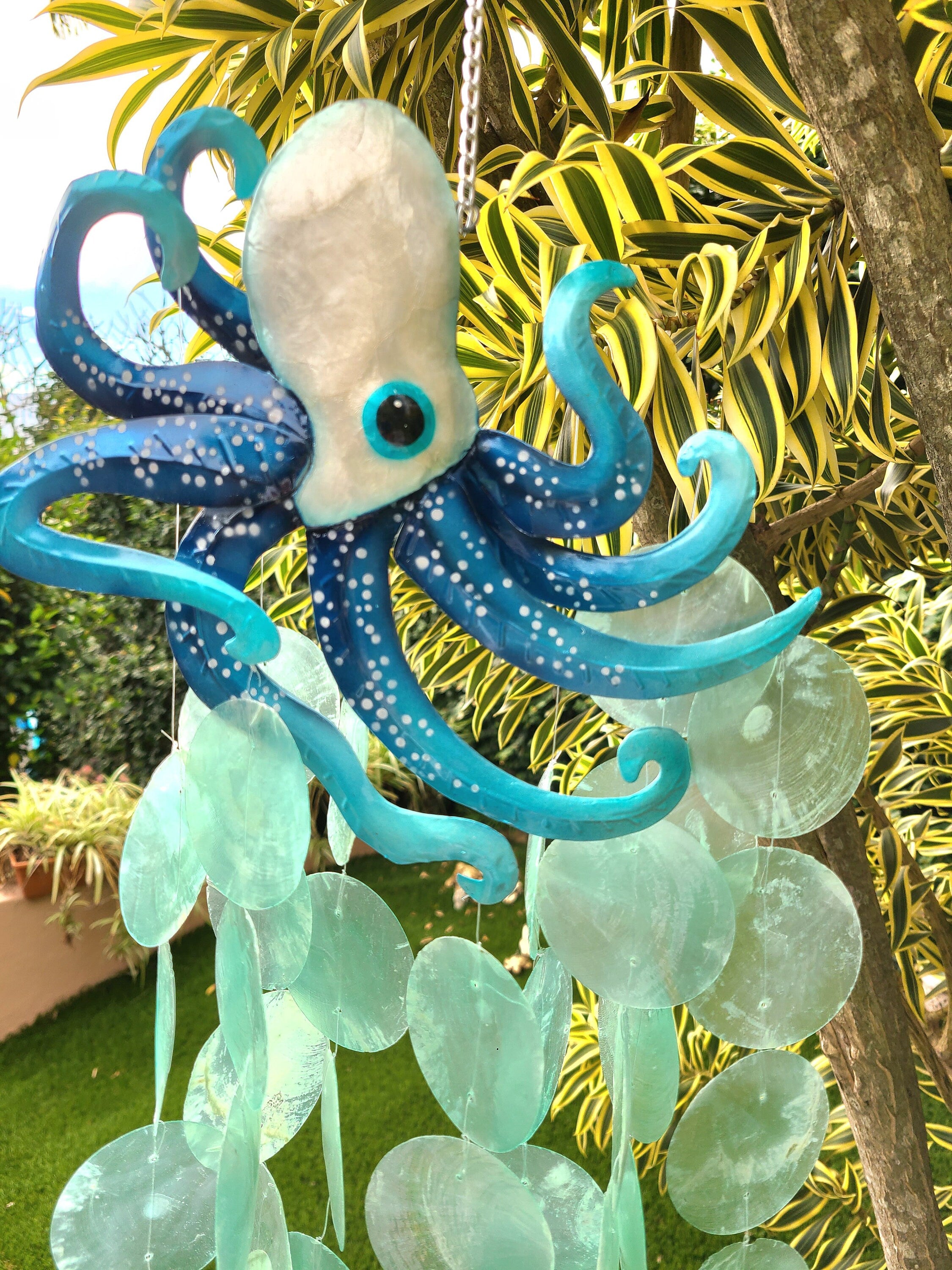 Octopus Wind Chime Made Unique With Capiz Shells Tropical Outdoor Patio Garden Yard Art Kraken Marine Life And Ocean Theme Beach House Decor