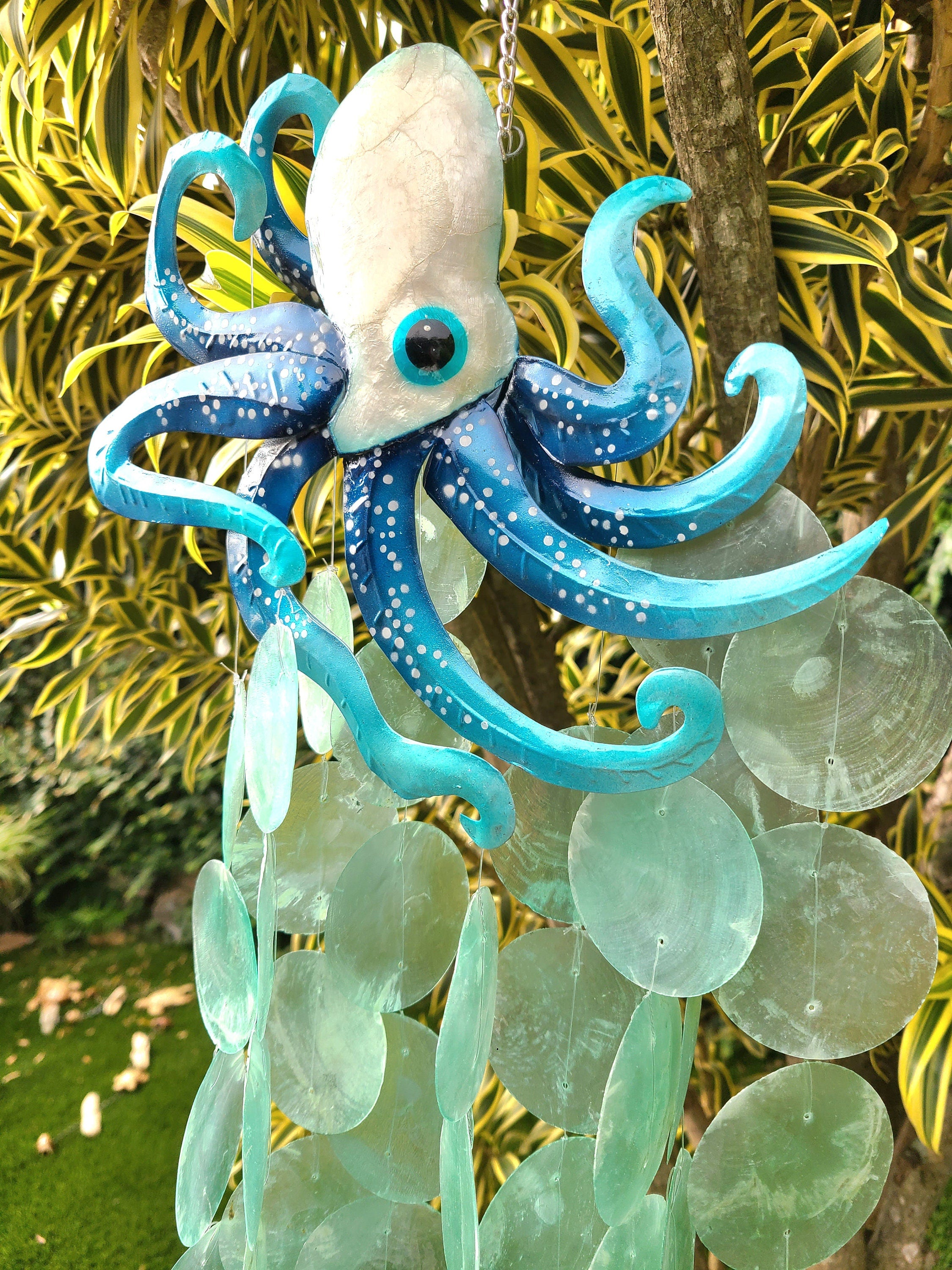 Octopus Wind Chime Made Unique With Capiz Shells Tropical Outdoor Patio Garden Yard Art Kraken Marine Life And Ocean Theme Beach House Decor