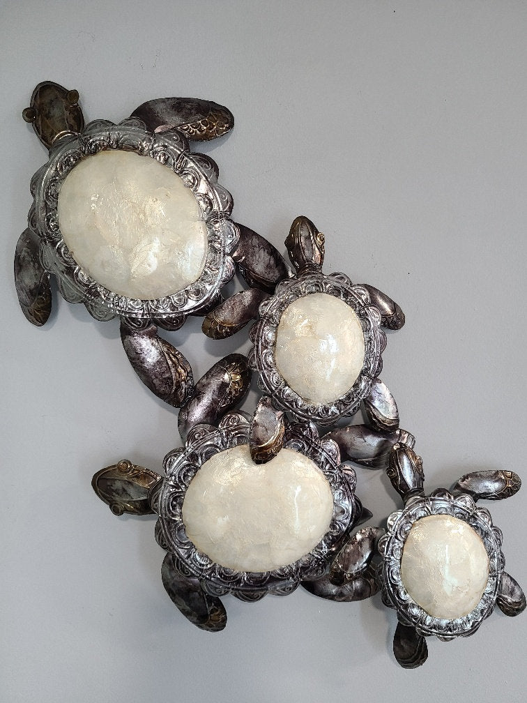 Sea Turtle Tropical Metal Wall Decor This Family Is Made Unique With Capiz Shells Ocean And Beach Themed Coastal Nautical Marine Wall Art