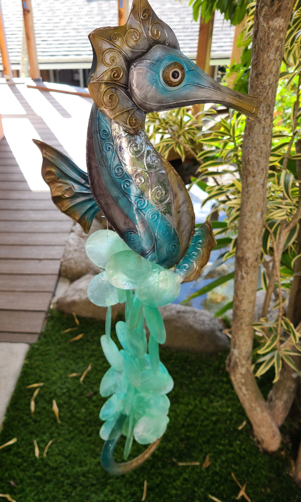 Seahorse Yard Garden Deco Hanging Windchime Patio Decor Beautifully Made With Capiz Shells Unique Gift Beach House Marine Life Ocean Theme