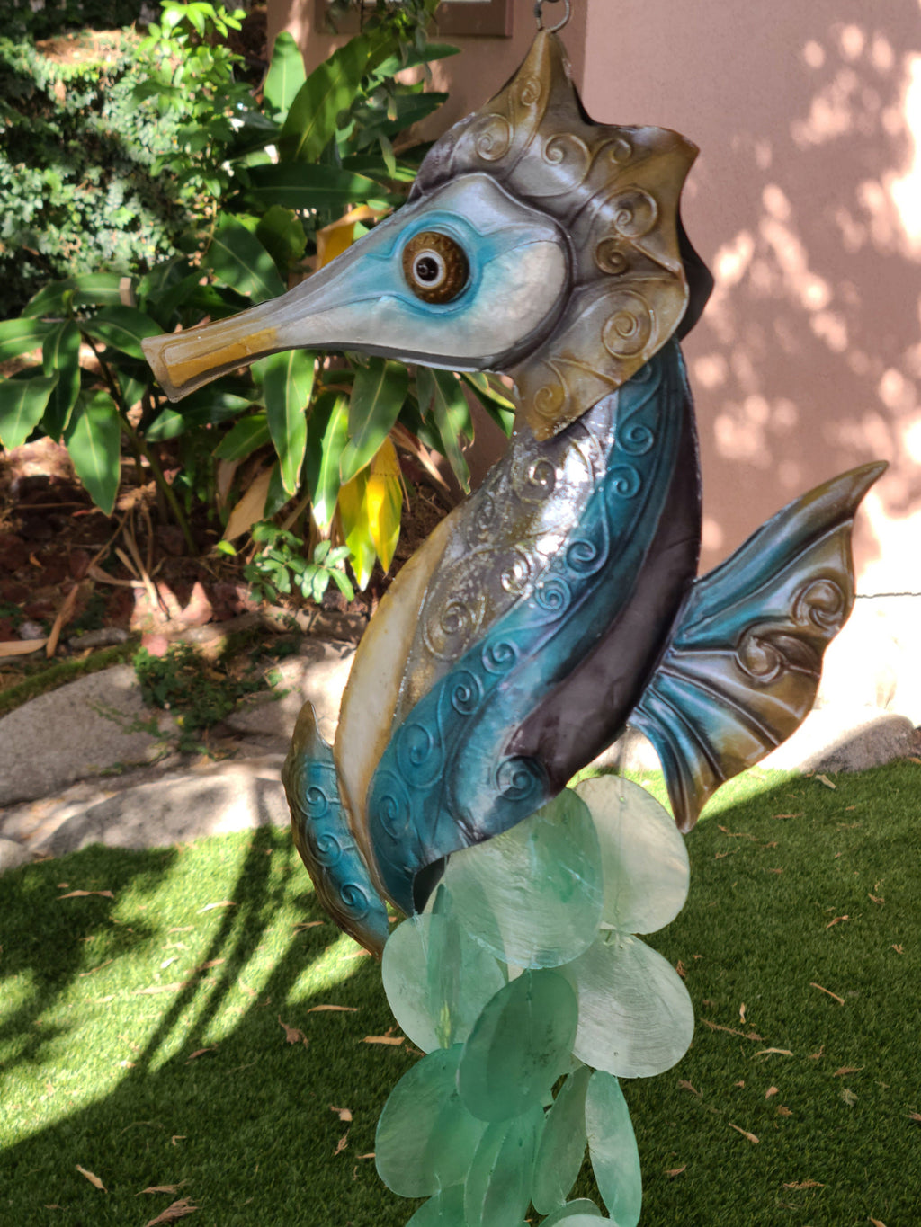 Seahorse Yard Garden Deco Hanging Windchime Patio Decor Beautifully Made With Capiz Shells Unique Gift Beach House Marine Life Ocean Theme
