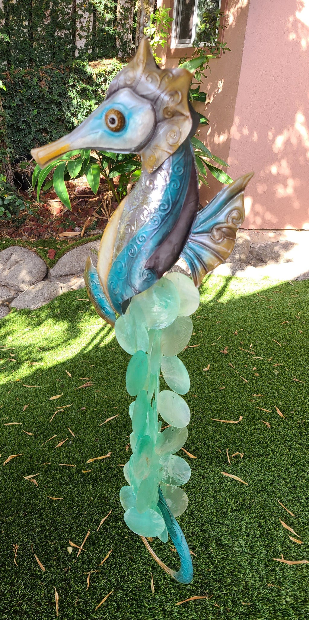 Seahorse Yard Garden Deco Hanging Windchime Patio Decor Beautifully Made With Capiz Shells Unique Gift Beach House Marine Life Ocean Theme