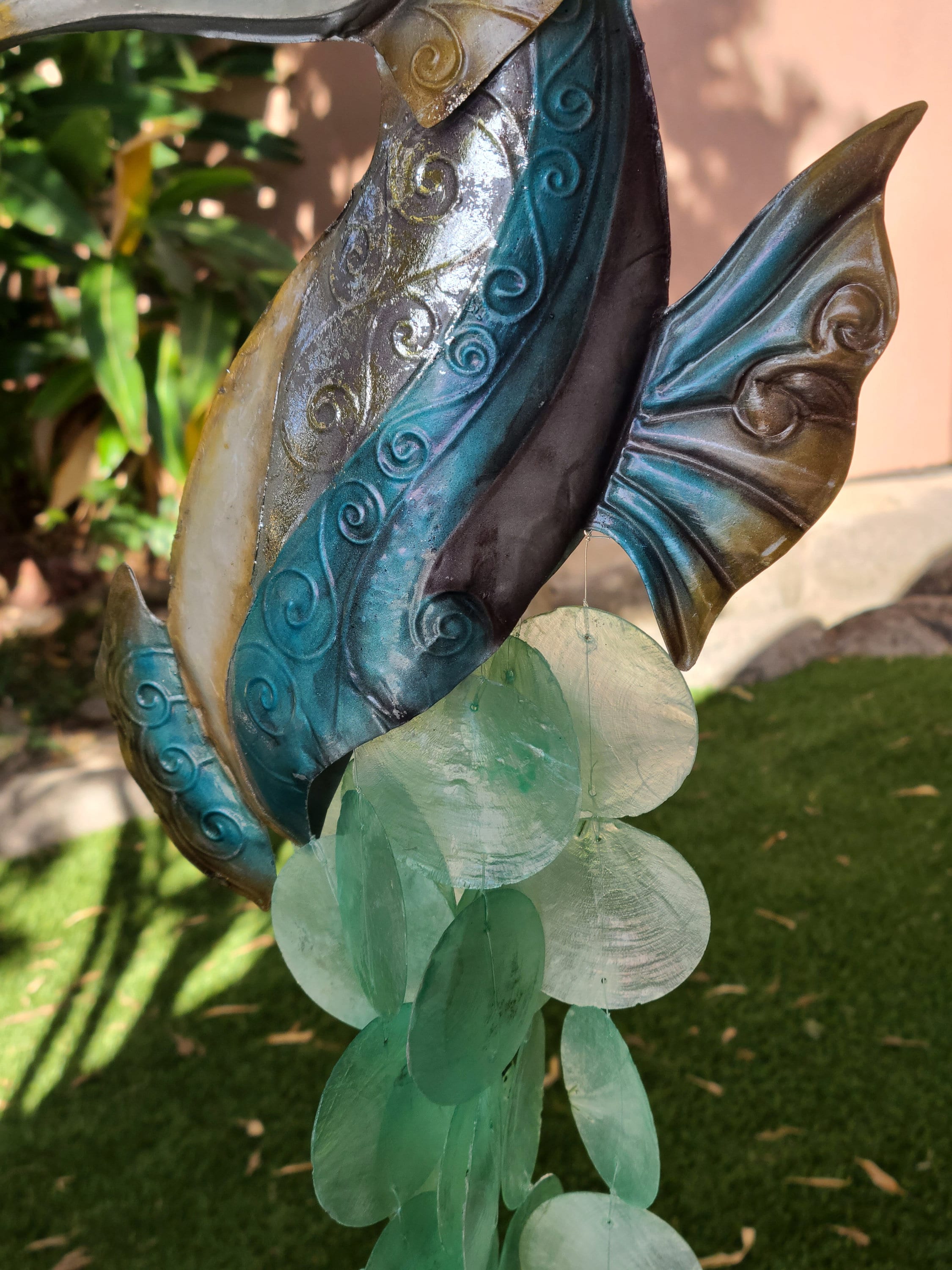 Seahorse Yard Garden Deco Hanging Windchime Patio Decor Beautifully Made With Capiz Shells Unique Gift Beach House Marine Life Ocean Theme