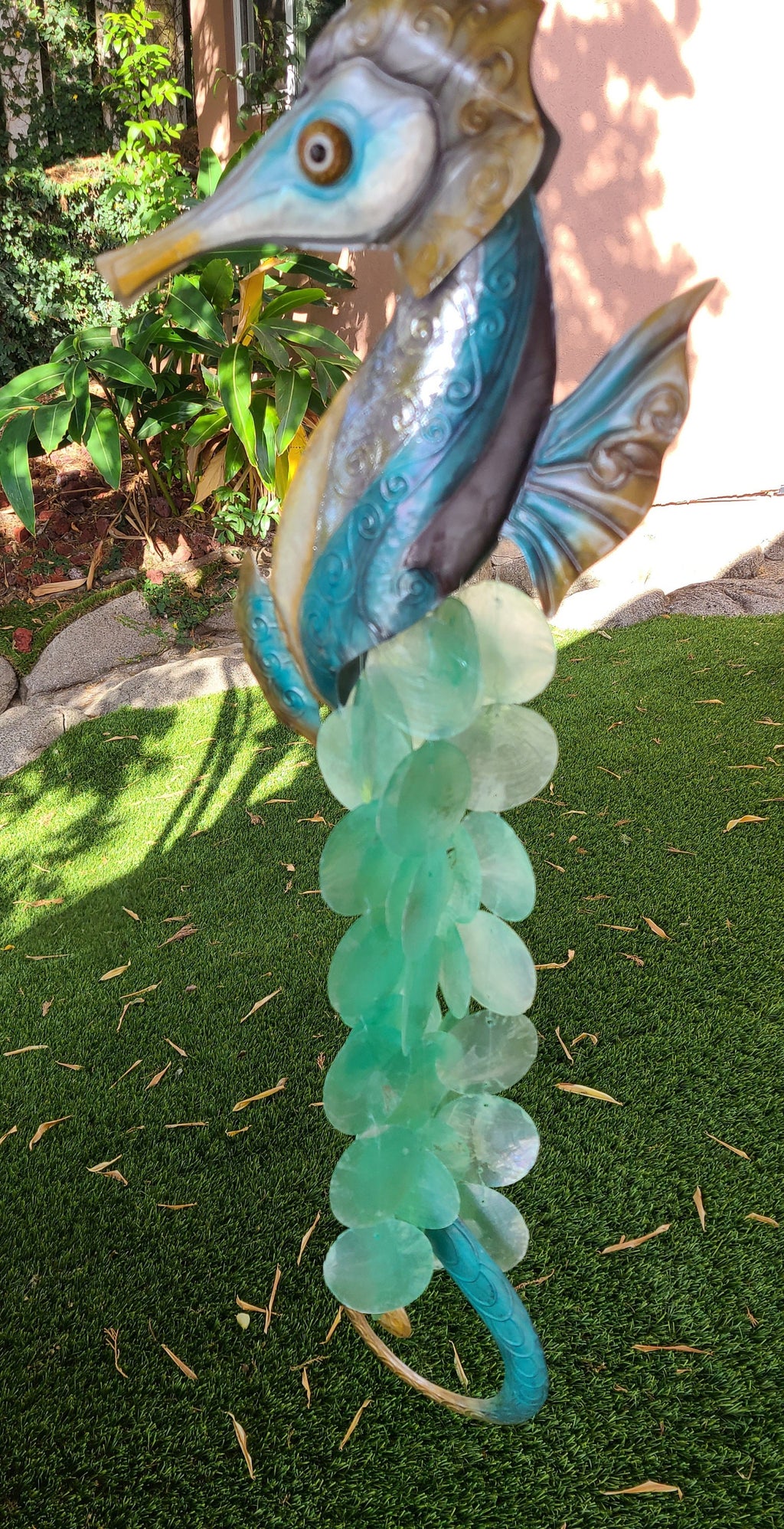 Seahorse Yard Garden Deco Hanging Windchime Patio Decor Beautifully Made With Capiz Shells Unique Gift Beach House Marine Life Ocean Theme