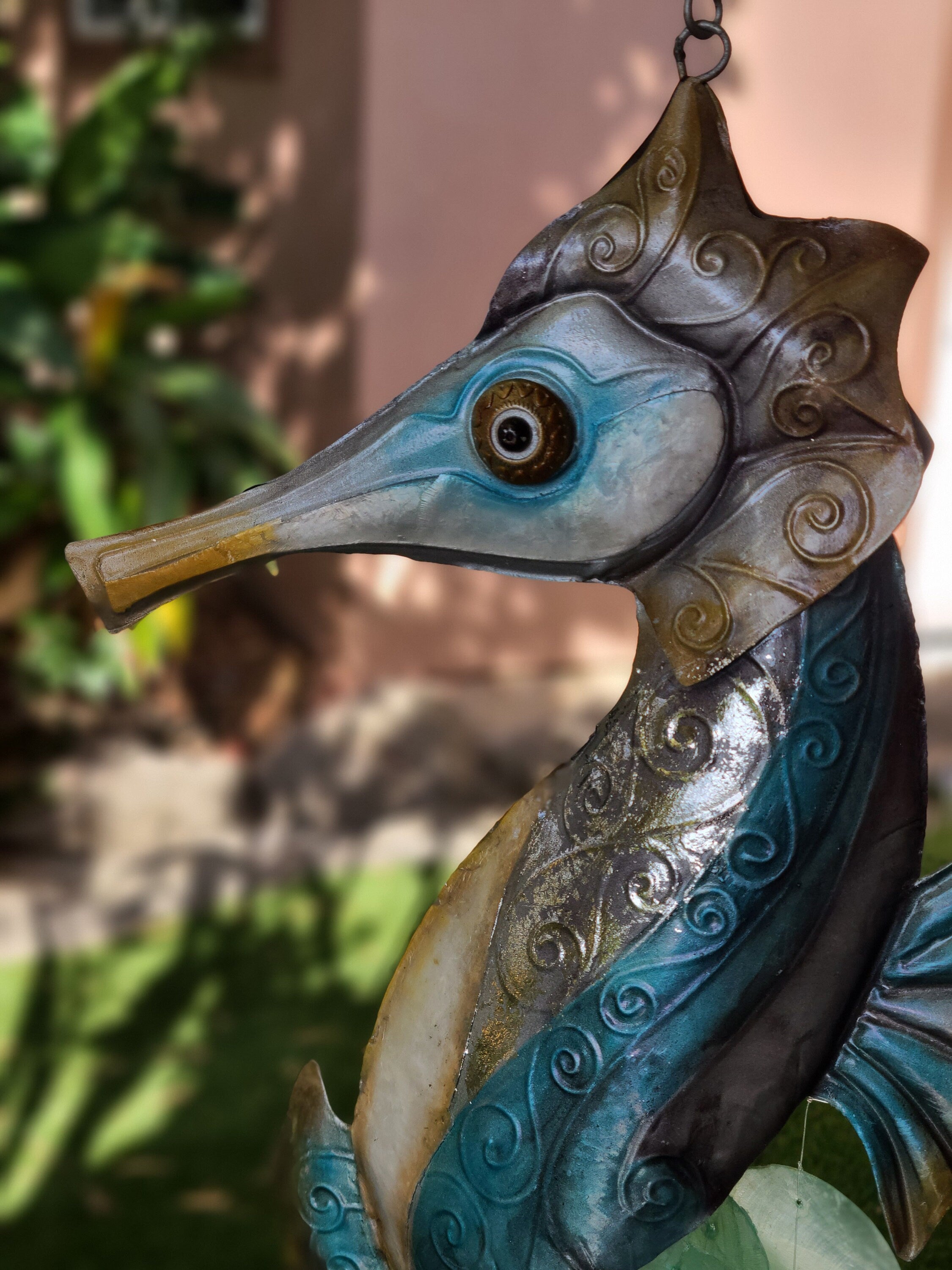 Seahorse Yard Garden Deco Hanging Windchime Patio Decor Beautifully Made With Capiz Shells Unique Gift Beach House Marine Life Ocean Theme