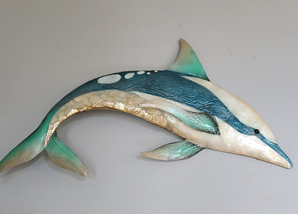 Dolphin Metal Wall Art Nautical Home Decor Marine Life Made Unique With Capiz Shells For A Beautiful Beach Tropical And Coastal Wall Decor