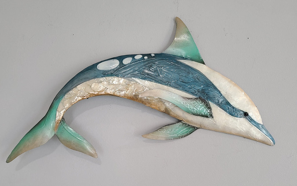 Dolphin Metal Wall Art Nautical Home Decor Marine Life Made Unique With Capiz Shells For A Beautiful Beach Tropical And Coastal Wall Decor