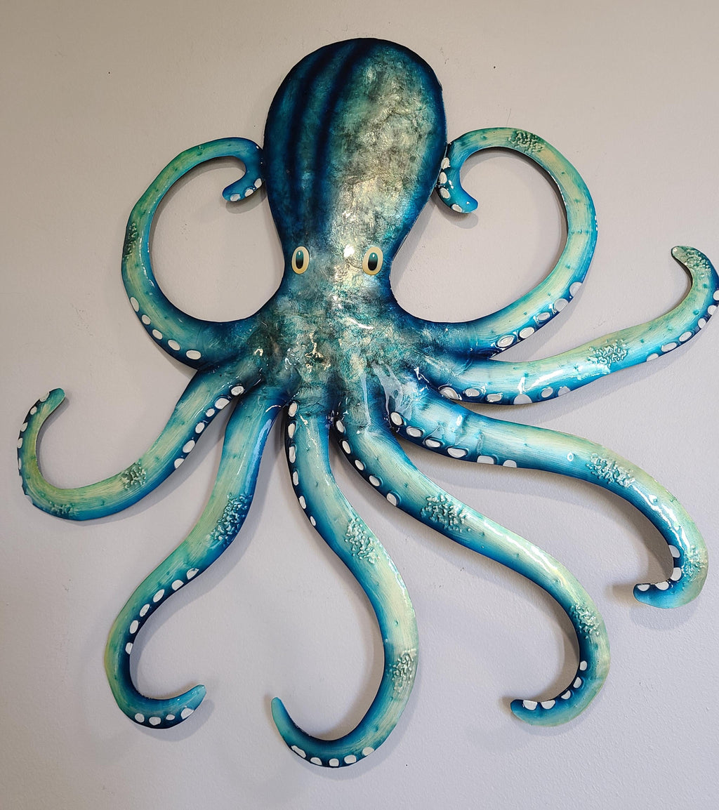 Octopus Kraken Metal Wall Art Made Unique With Capiz Shells Tropical Beach And Ocean Decor Beach House Theme Marine Life Nautical Wall Art