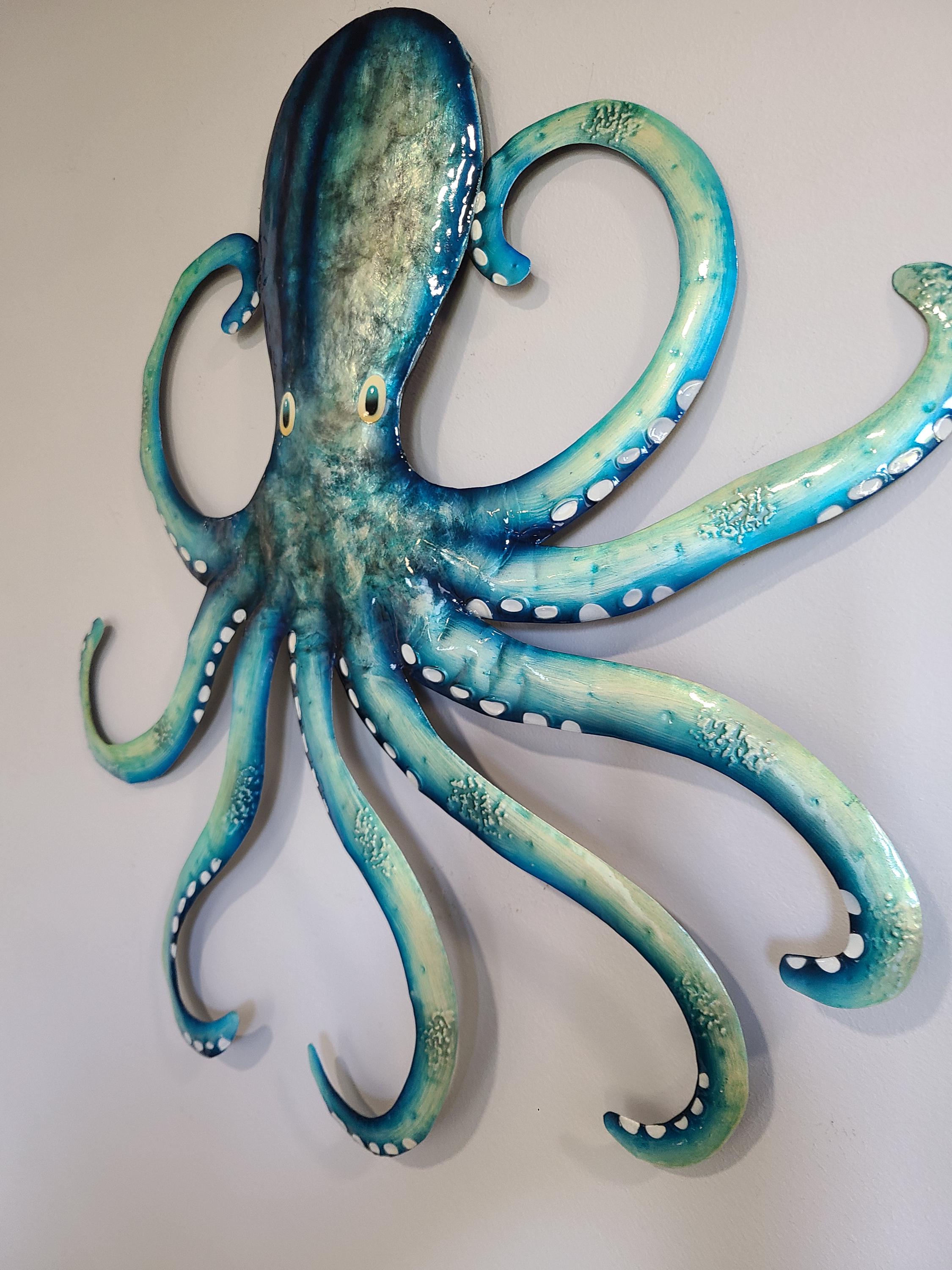 Octopus Kraken Metal Wall Art Made Unique With Capiz Shells Tropical Beach And Ocean Decor Beach House Theme Marine Life Nautical Wall Art