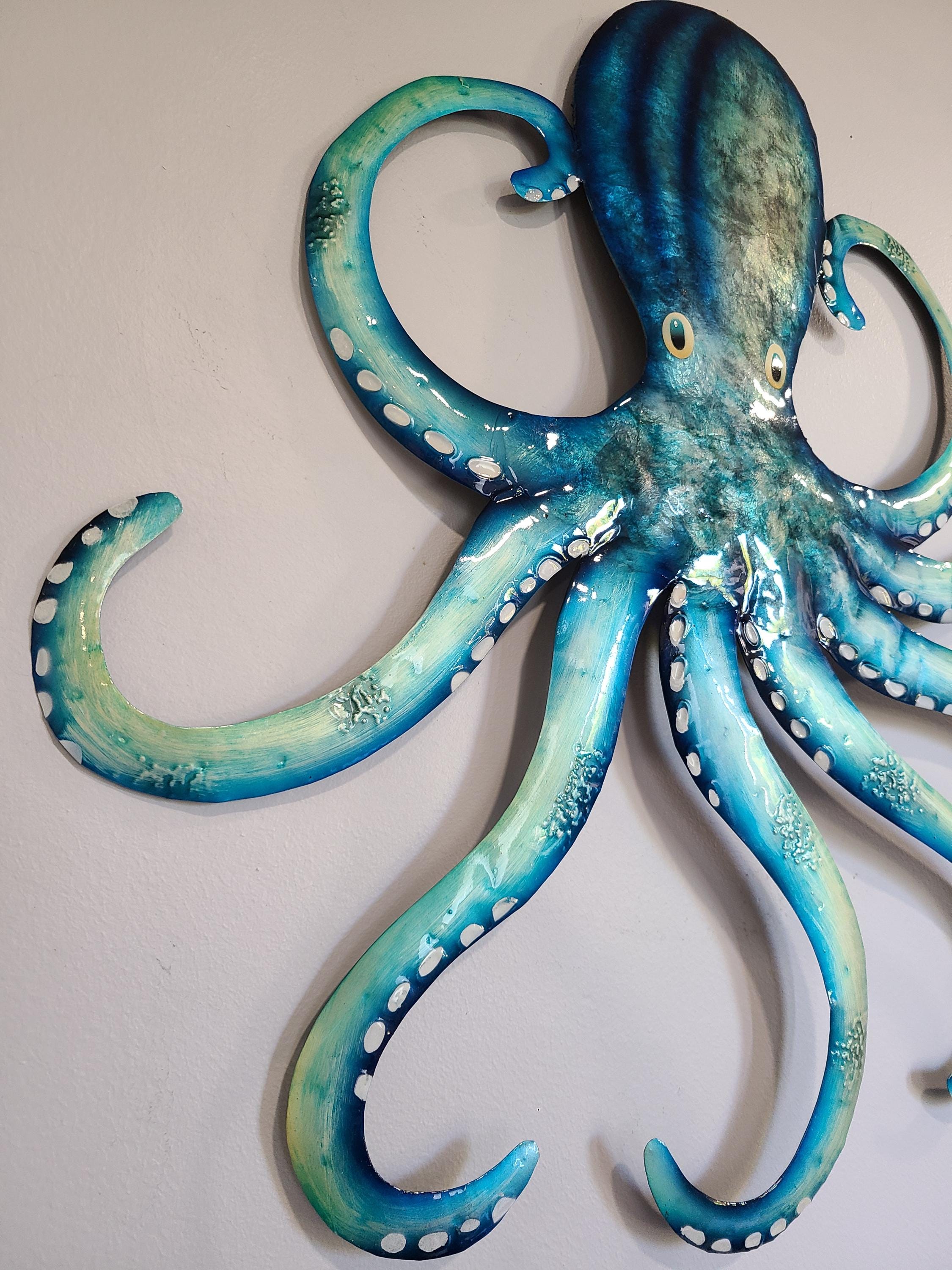 Octopus Kraken Metal Wall Art Made Unique With Capiz Shells Tropical Beach And Ocean Decor Beach House Theme Marine Life Nautical Wall Art