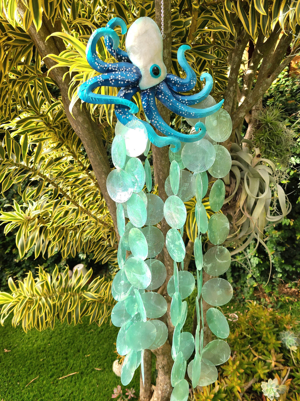 Octopus Wind Chime Made Unique With Capiz Shells Tropical Outdoor Patio Garden Yard Art Kraken Marine Life And Ocean Theme Beach House Decor
