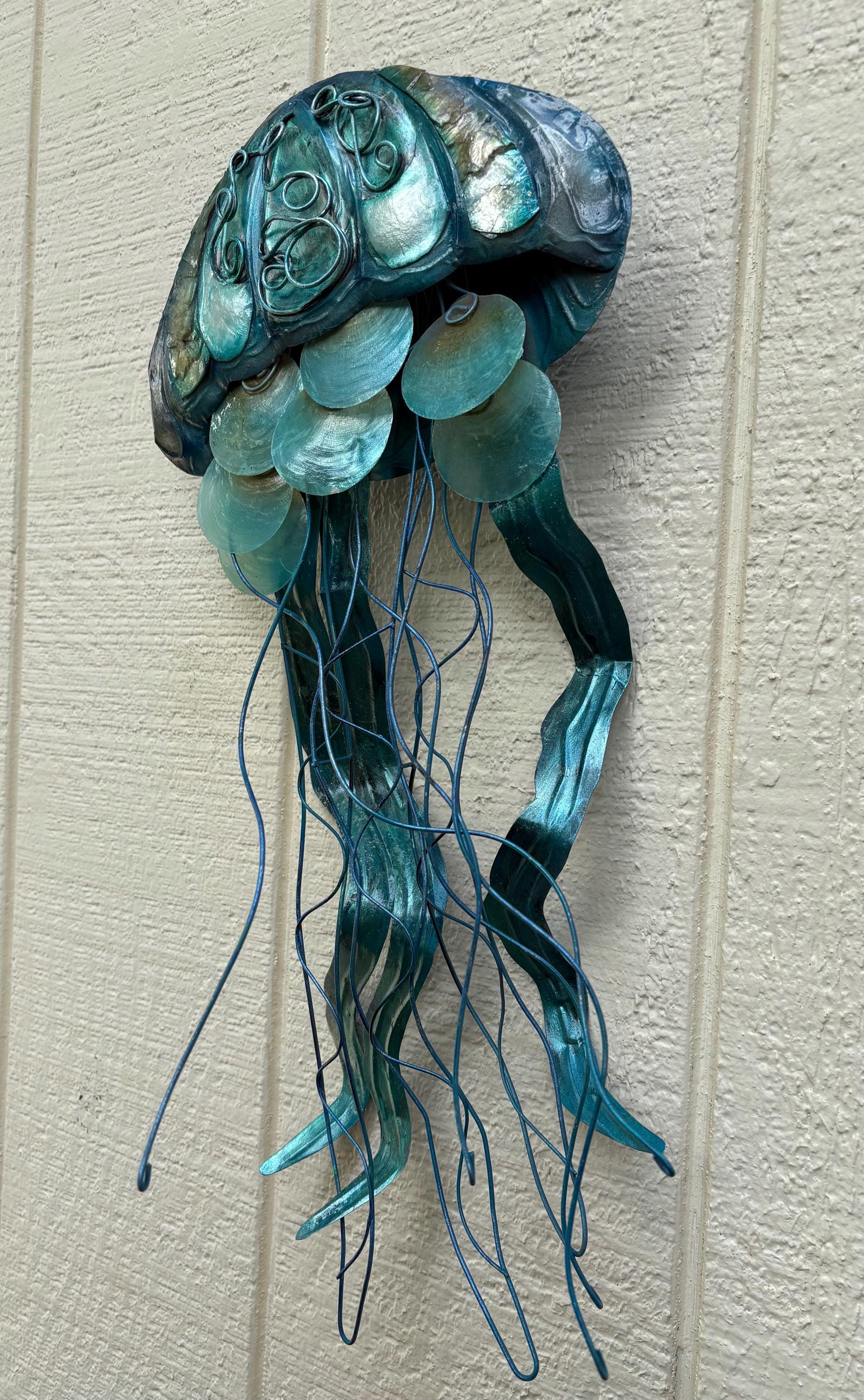 Jellyfish Metal Wall Art Tropical Home Decor Made Unique With Capiz Shells Ocean Beach Theme Coastal Beach House Nautical Marine Life Decor