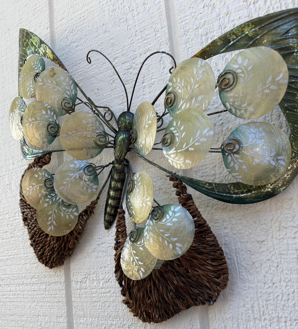 Butterfly Metal Wall Art Tropical Garden And Home Decor Made Unique With Capiz Shells And Reed Butterflies For Nature Inspired Patio Decor