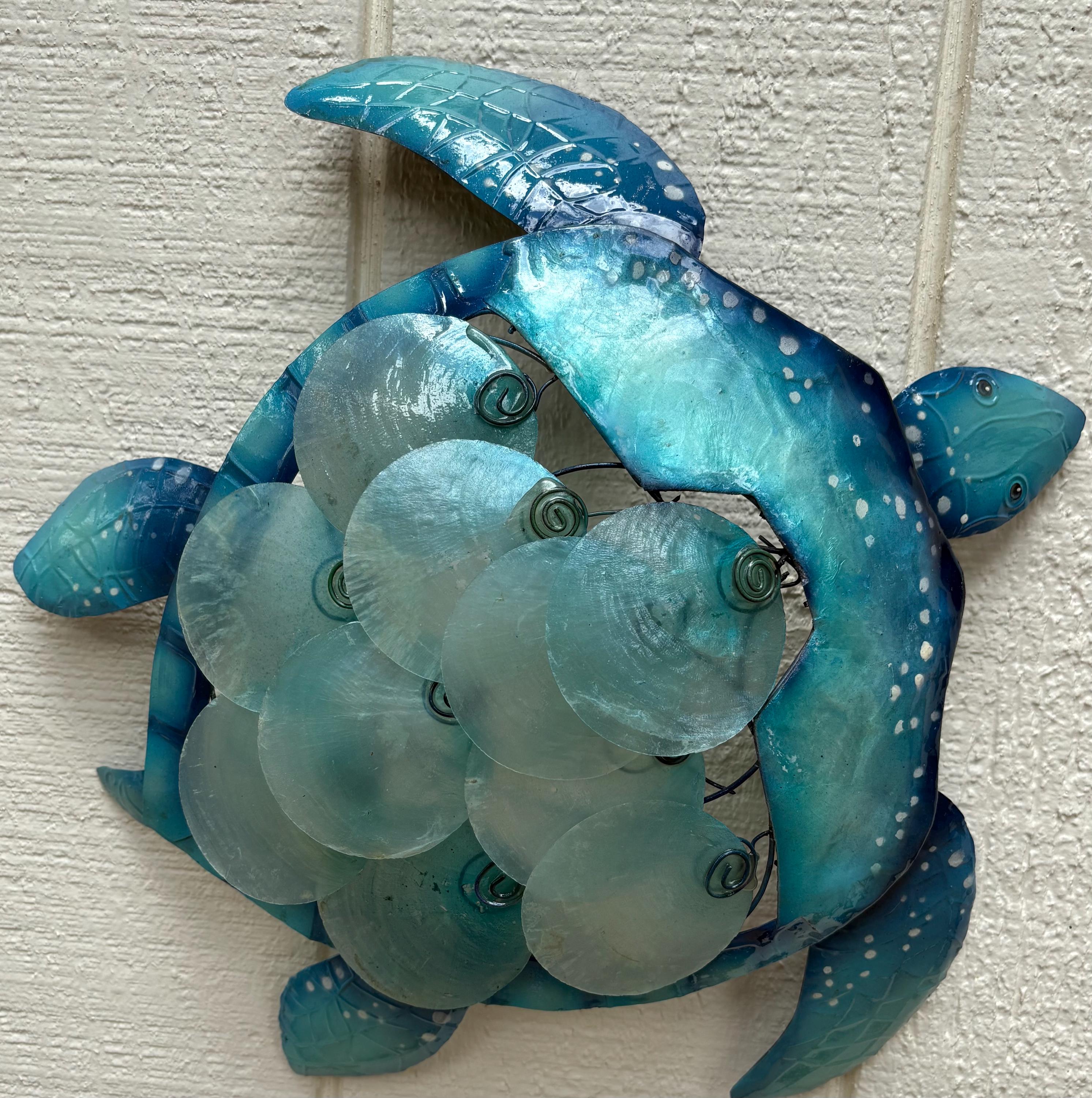 Sea Turtle Metal Wall Hanging Unique With Capiz Shells Nautical Home Decor Bathroom Ocean Theme Tropical Wall Art Beach House Nautical Decor