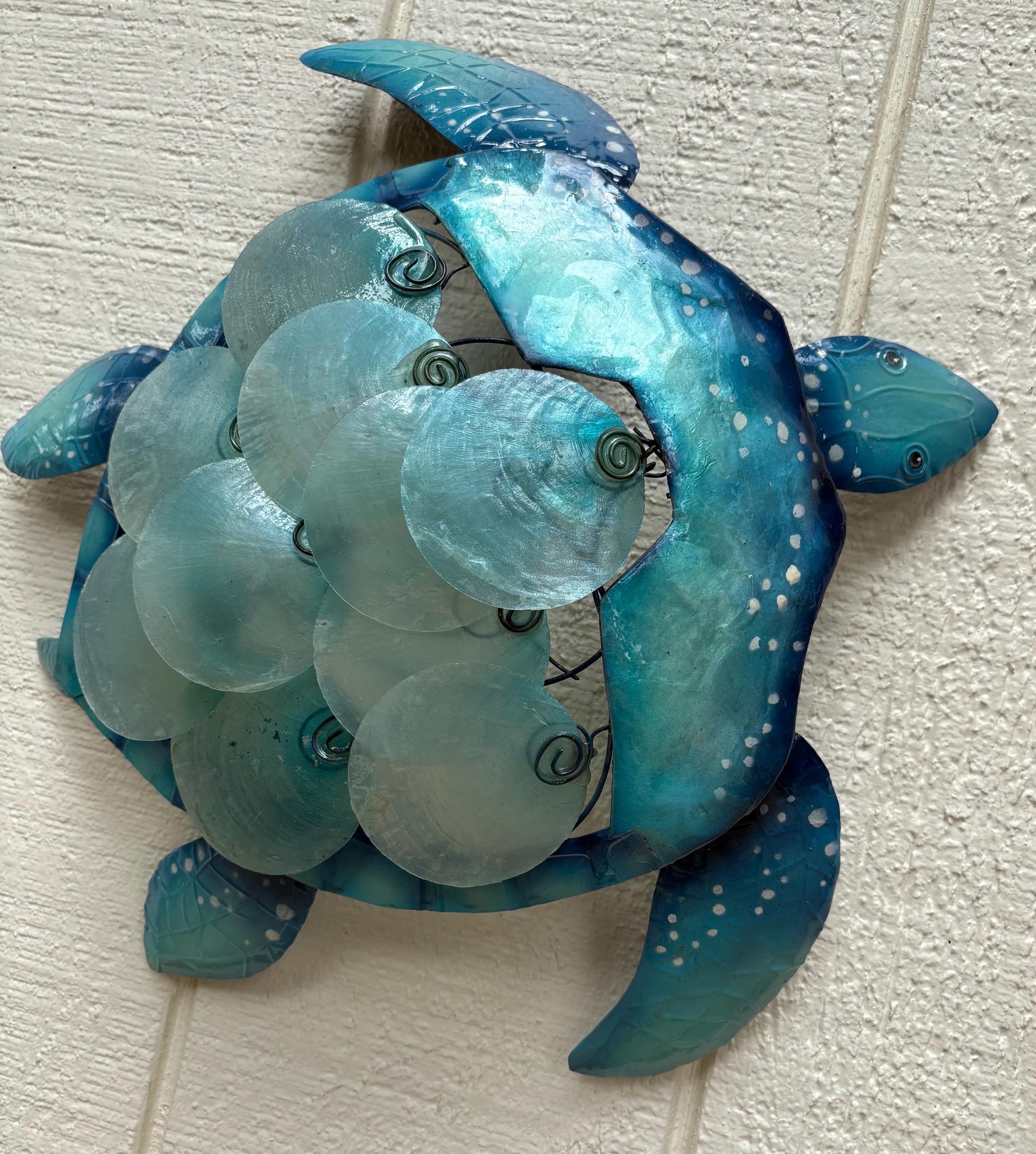 Sea Turtle Metal Wall Hanging Unique With Capiz Shells Nautical Home Decor Bathroom Ocean Theme Tropical Wall Art Beach House Nautical Decor