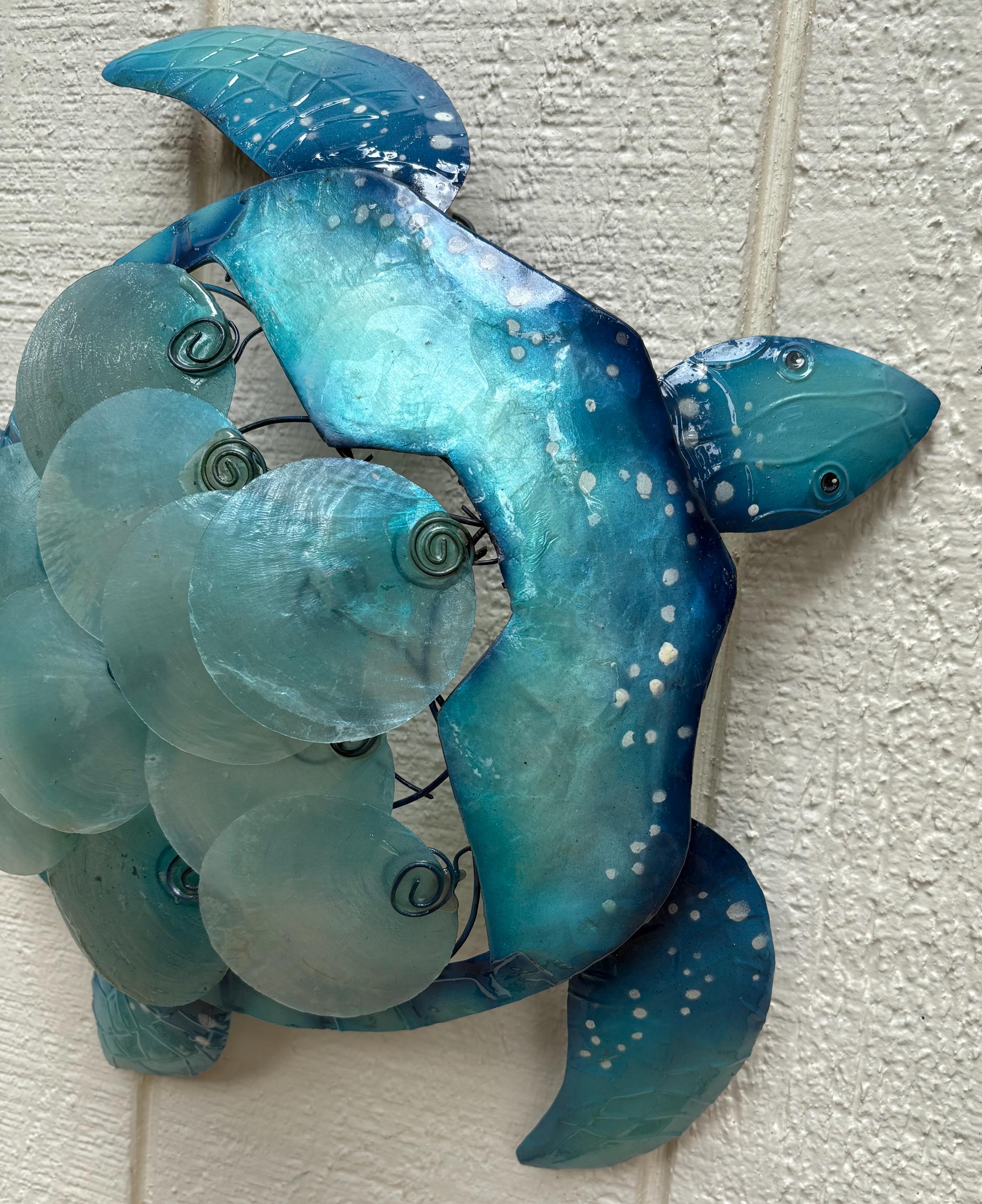 Sea Turtle Metal Wall Hanging Unique With Capiz Shells Nautical Home Decor Bathroom Ocean Theme Tropical Wall Art Beach House Nautical Decor
