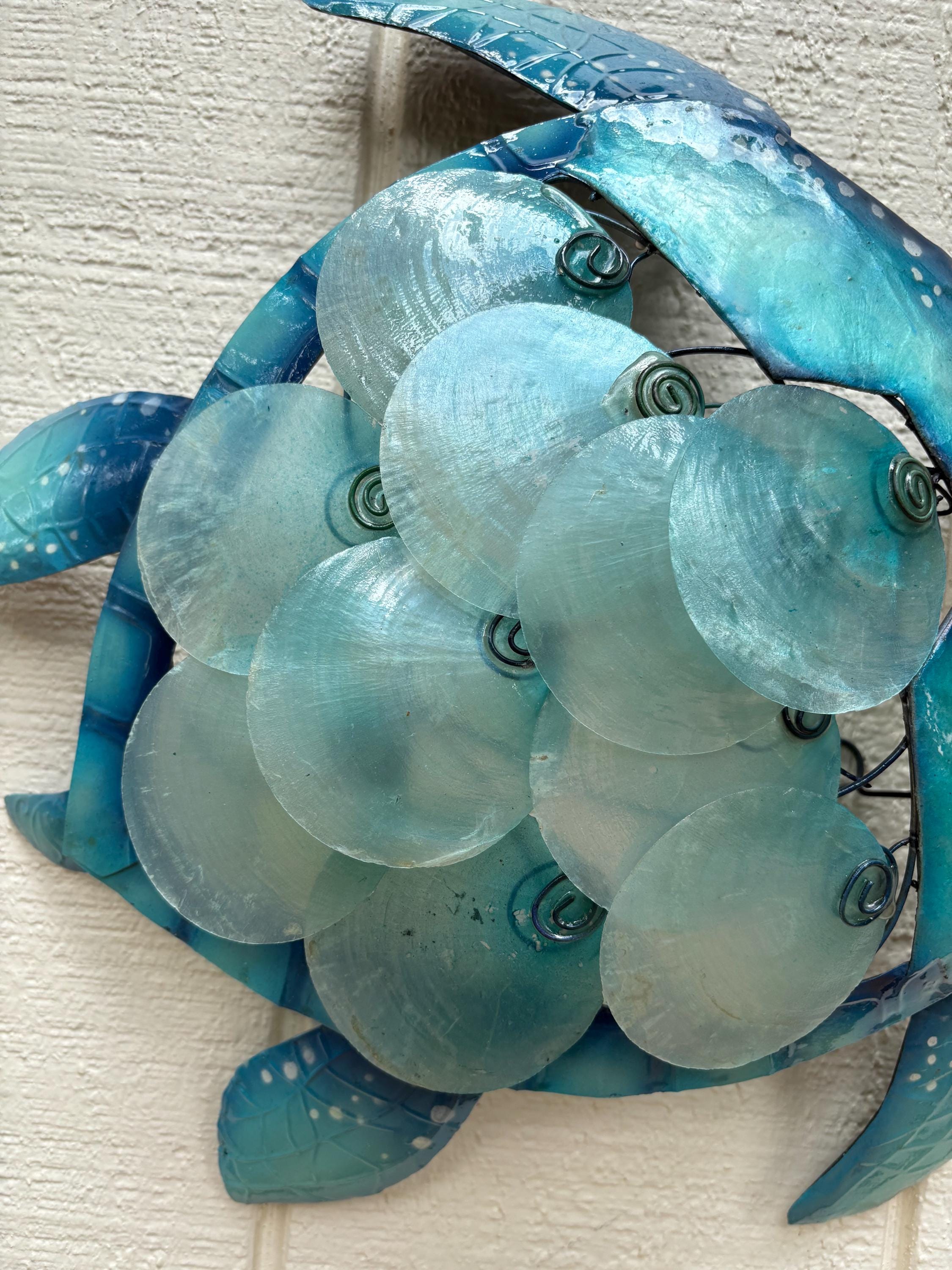 Sea Turtle Metal Wall Hanging Unique With Capiz Shells Nautical Home Decor Bathroom Ocean Theme Tropical Wall Art Beach House Nautical Decor