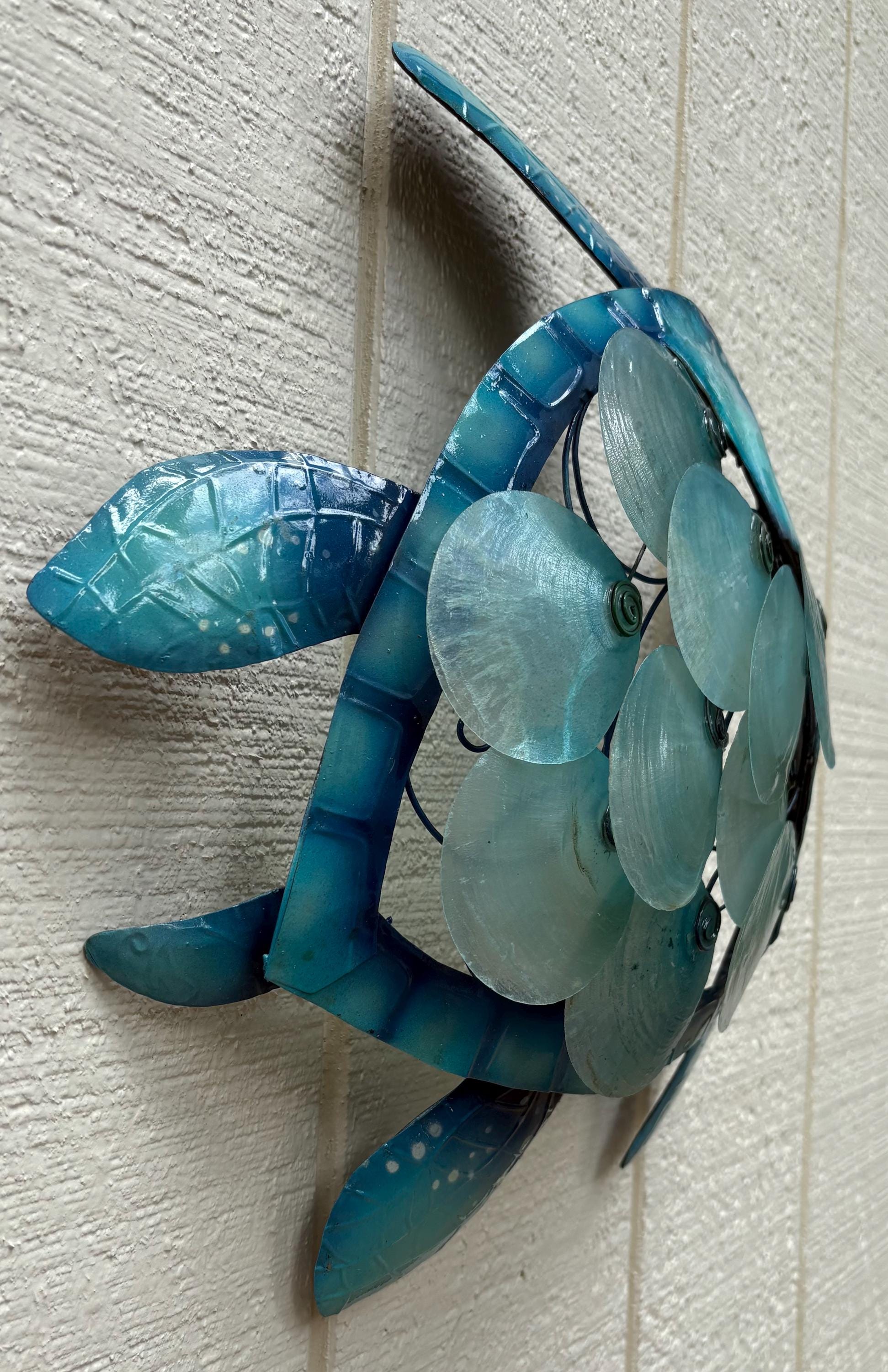 Sea Turtle Metal Wall Hanging Unique With Capiz Shells Nautical Home Decor Bathroom Ocean Theme Tropical Wall Art Beach House Nautical Decor
