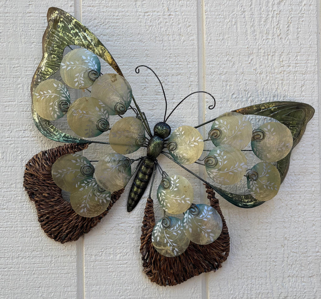 Butterfly Metal Wall Art Tropical Garden And Home Decor Made Unique With Capiz Shells And Reed Butterflies For Nature Inspired Patio Decor
