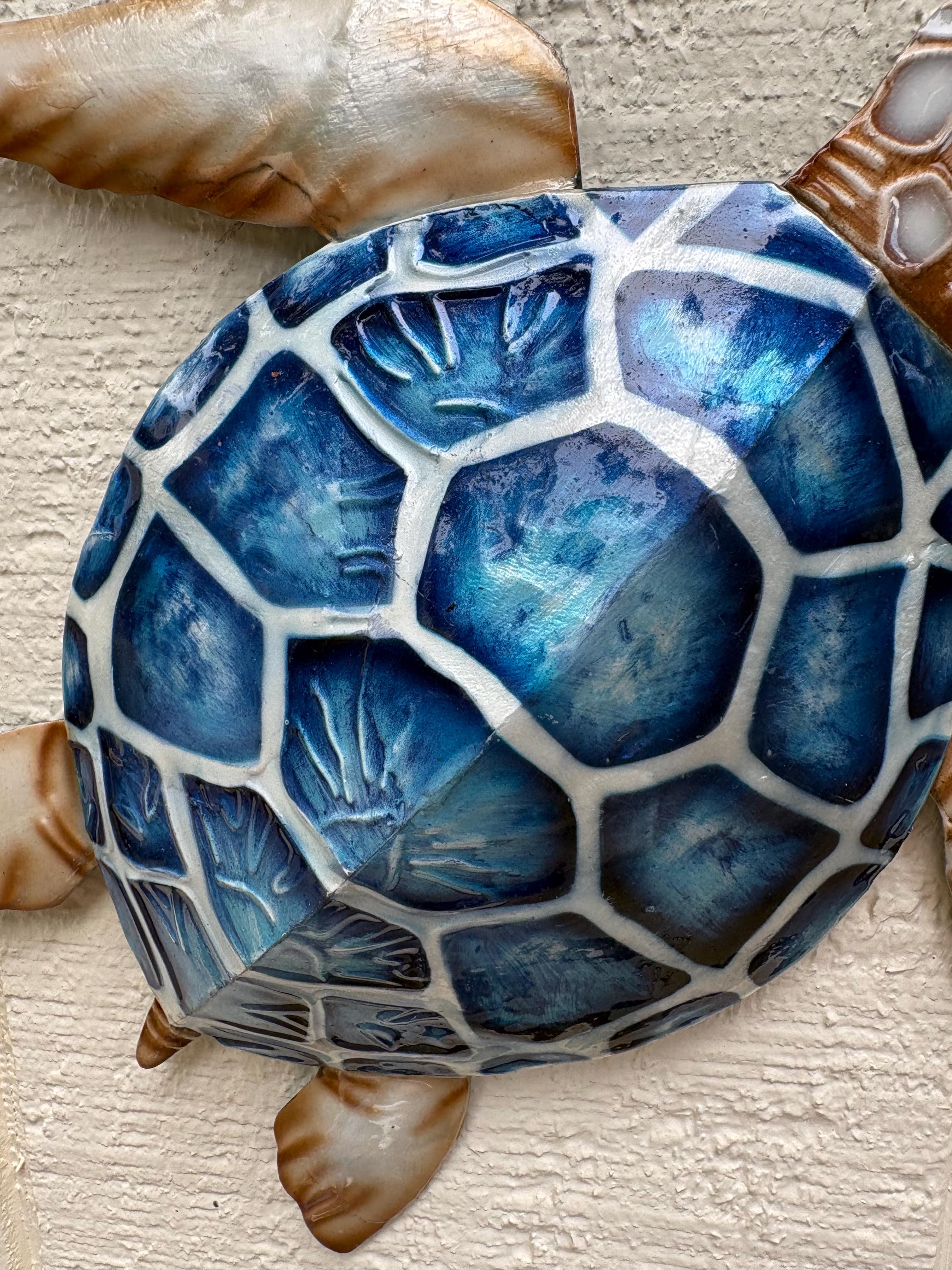 Sea Turtle Family Metal Wall Art with Capiz Shells, Coastal Decor