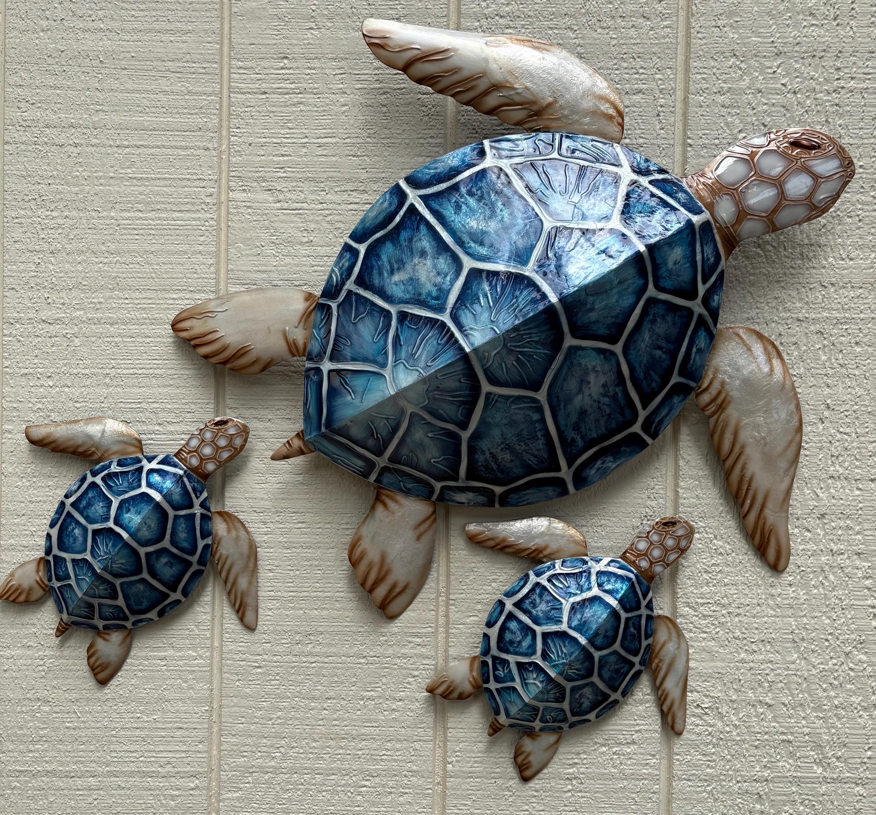 Sea Turtle Family Metal Wall Art with Capiz Shells, Coastal Decor
