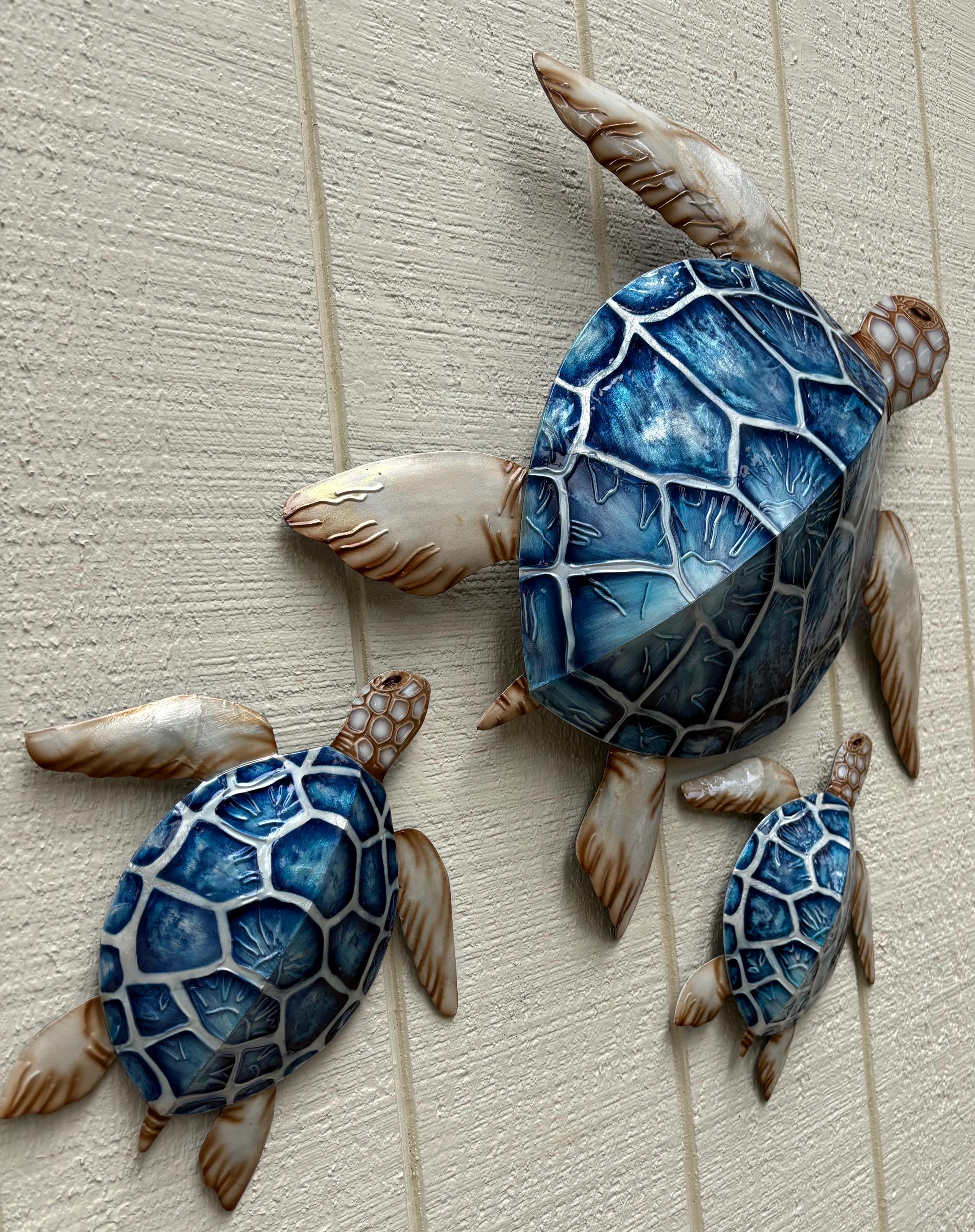 Sea Turtle Family Metal Wall Art with Capiz Shells, Coastal Decor