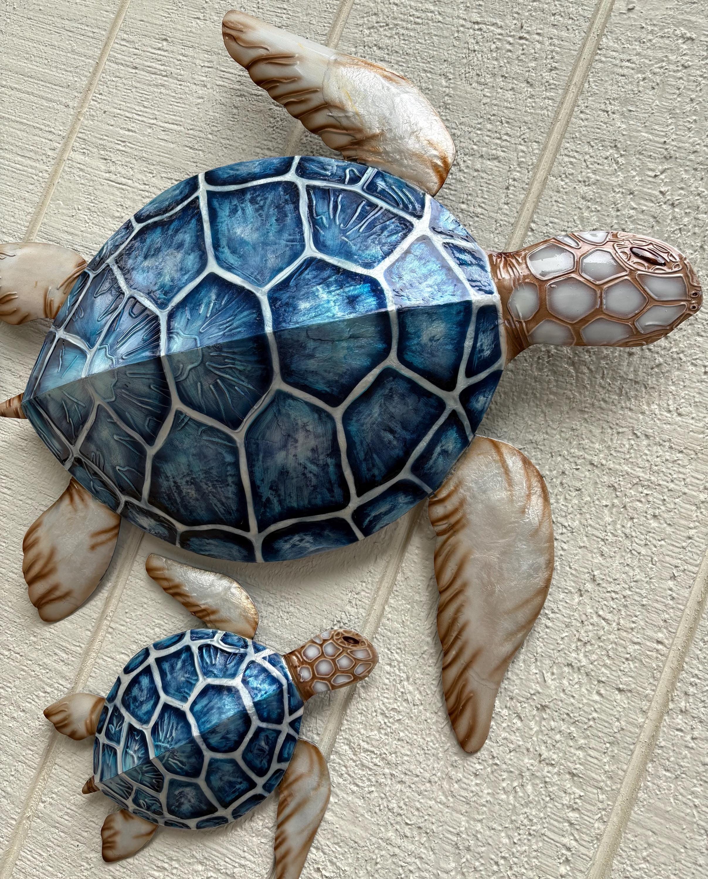 Sea Turtle Family Metal Wall Art with Capiz Shells, Coastal Decor