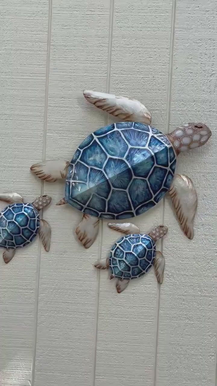 Sea Turtle Family Metal Wall Art with Capiz Shells, Coastal Decor